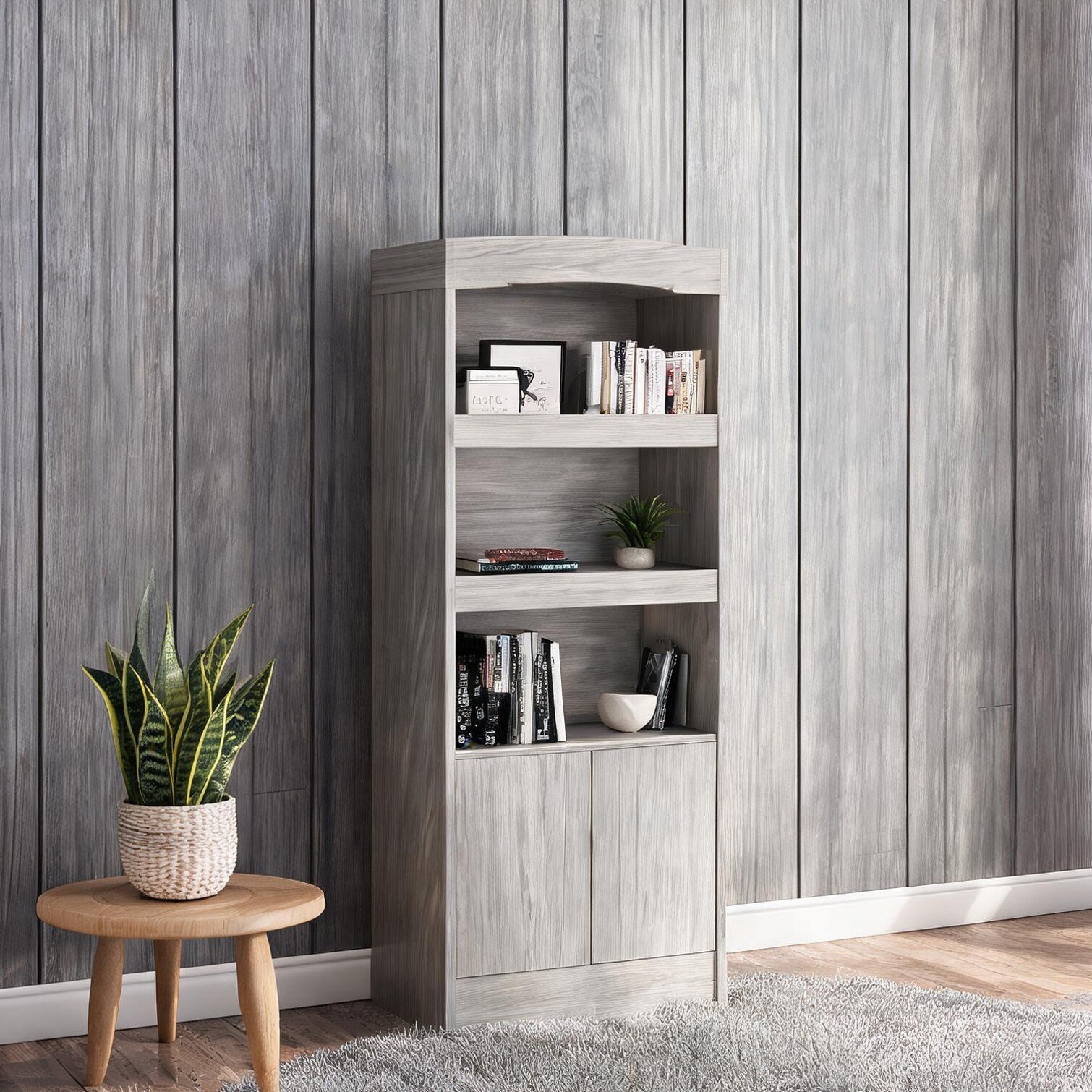 sunjurt Metal Frame Bookcase featuring Light Gray Finish with Modern Living Spaces Shelving