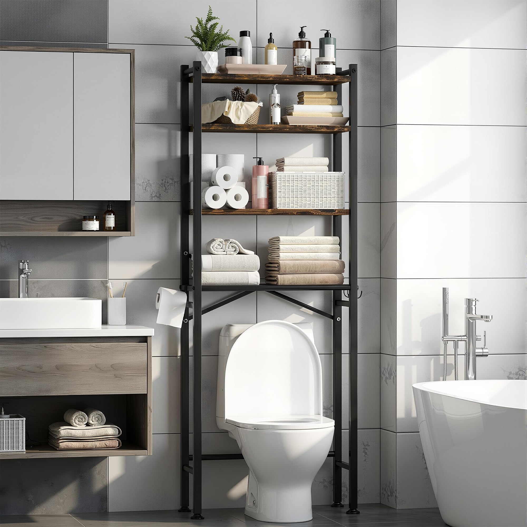 TNSO Black Brown 4 Tier Over Toilet Storage Shelf Anti Tilt Safety System Metal Bathroom Organizer With Paper Holder And Hooks