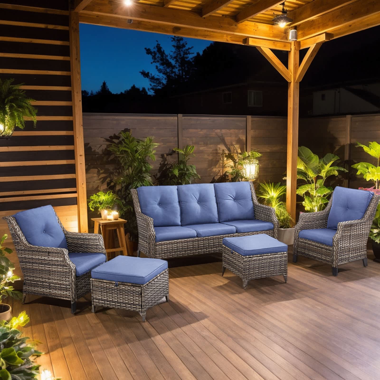 Bestier USLOW-O500218C-BLUE 5-Piece Gray Wicker Outdoor Patio Seating Conversation Set Sectional Sofa with Blue Cushions