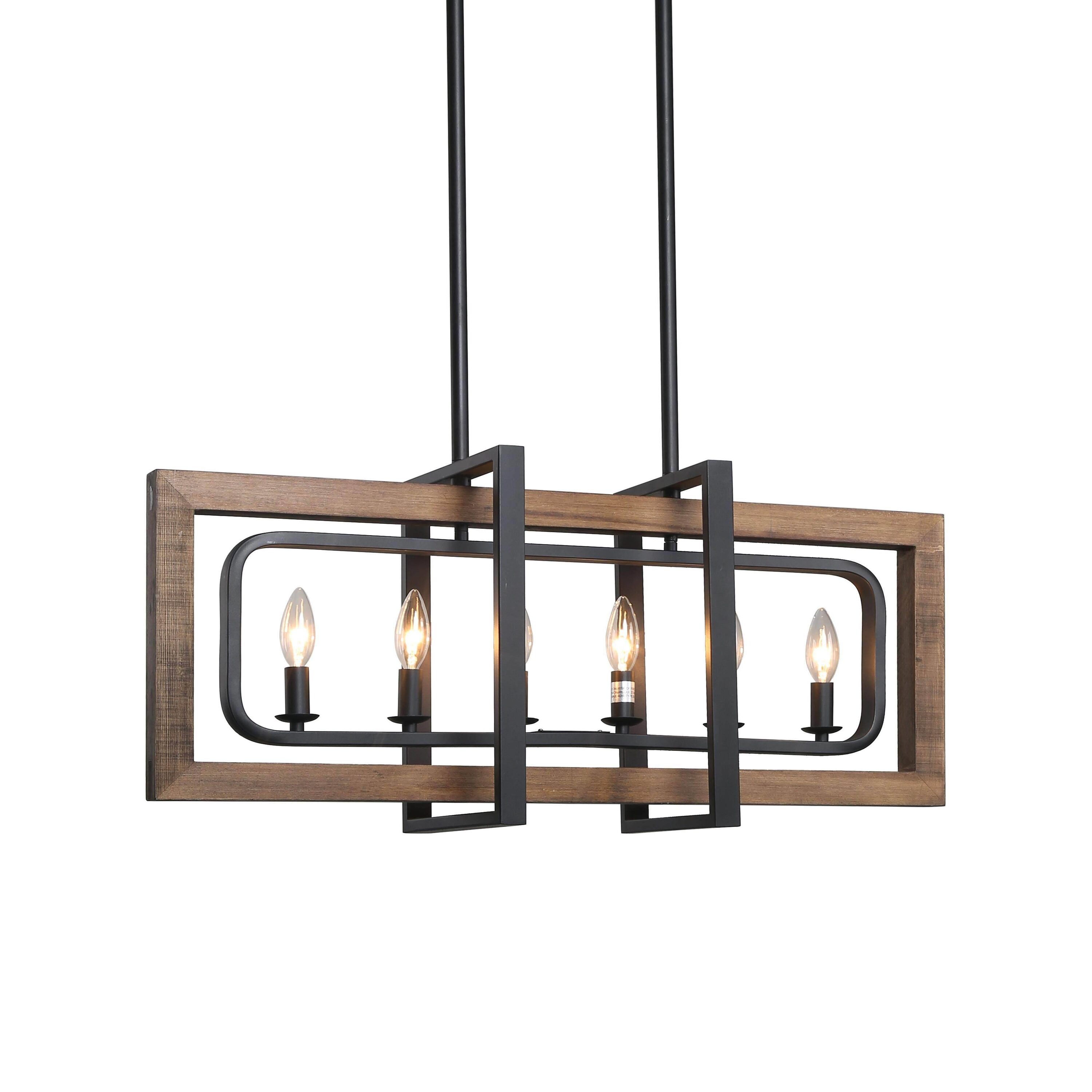 LNC Titus 6-Light Matte Black and Brown Wood Farmhouse Linear LED