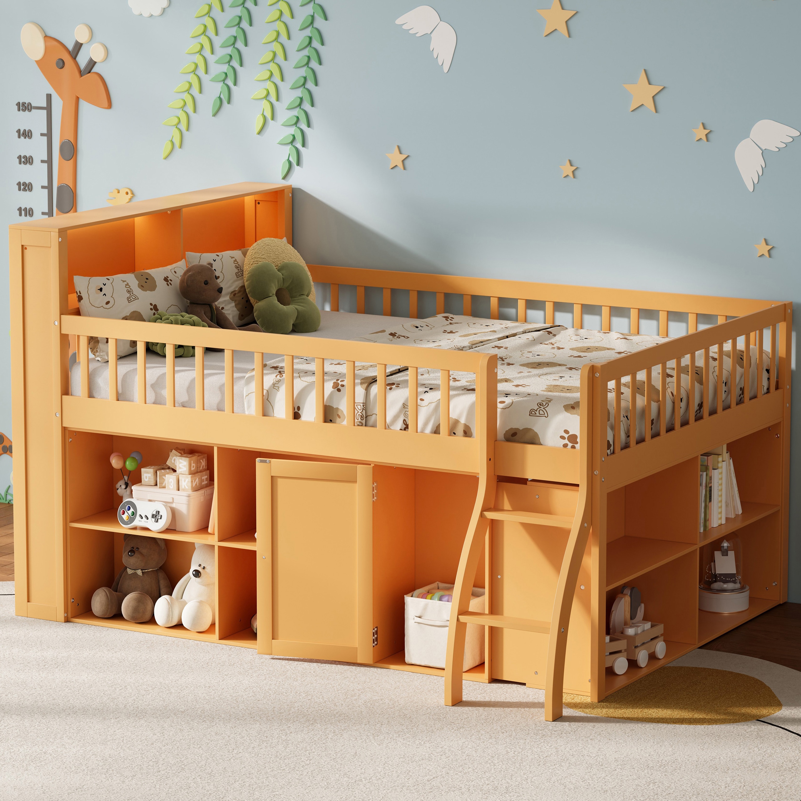 GDFStudio Full Size Loft Bed with Storage LED Headboard Light in Natural Functional Stylish Loft Bed for Kids Bedrooms