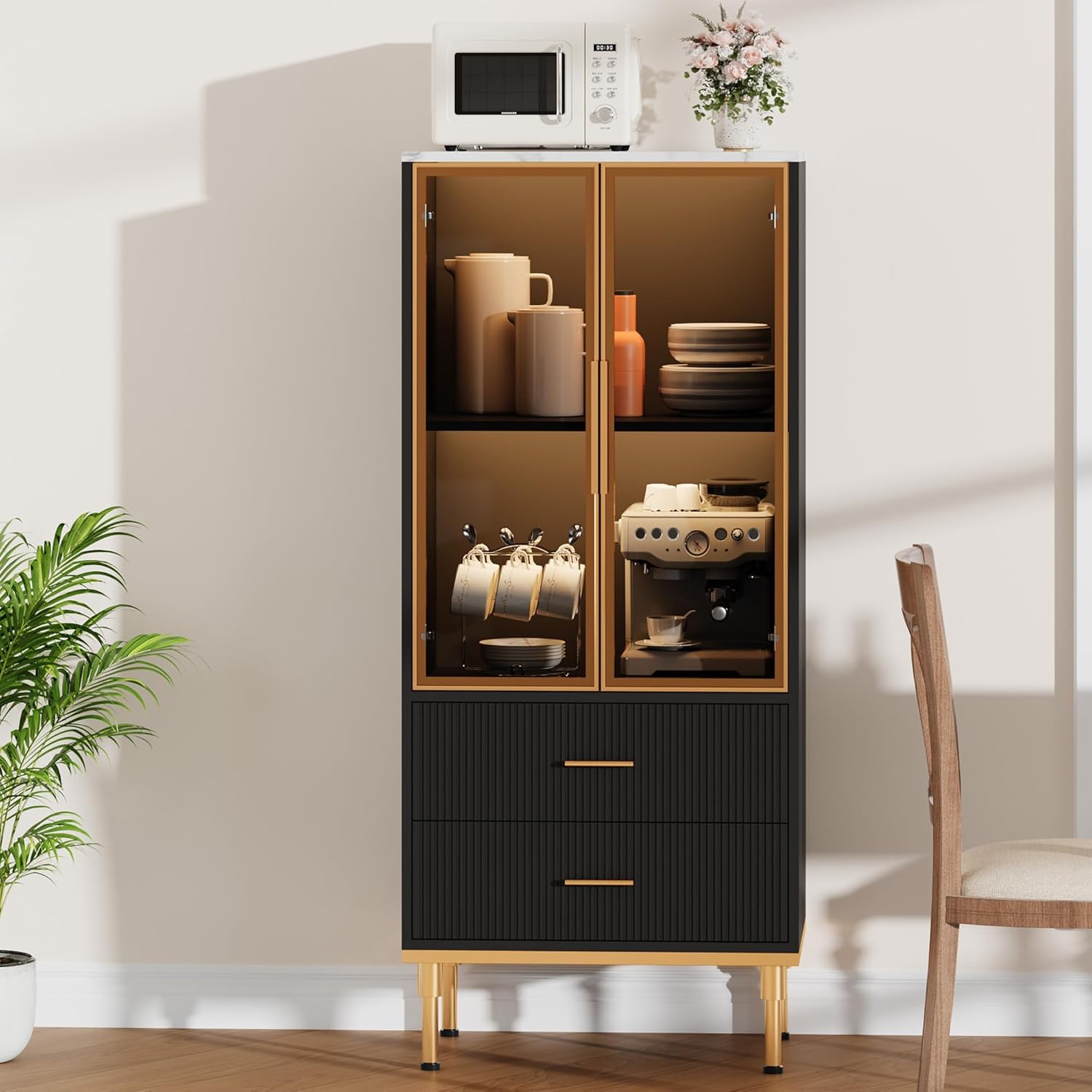 Qeetex MIE-PHO-33KFGJYJ Fluted Storage Cabinet with Glass Door and 2 Drawers - Modern Display Storage Cabinet - Kitchen Pantry with Adjustable Shelves for Collectibles/Living Room/Office - Black