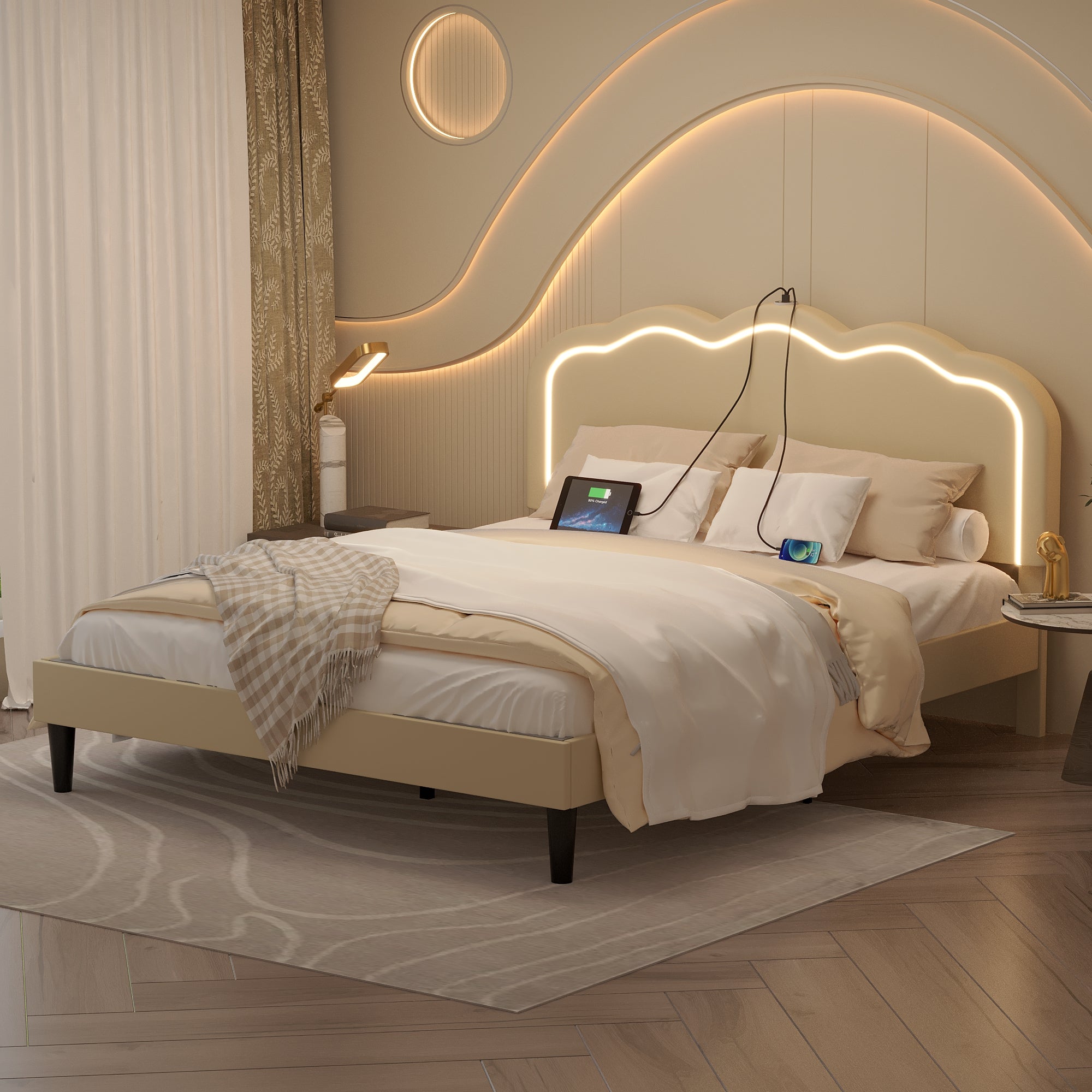 Vecelo LOE-QB10-BGE LED Upholstered Queen Bed Frame with Headboard Adjustable USB and Type C Noise Free Beige