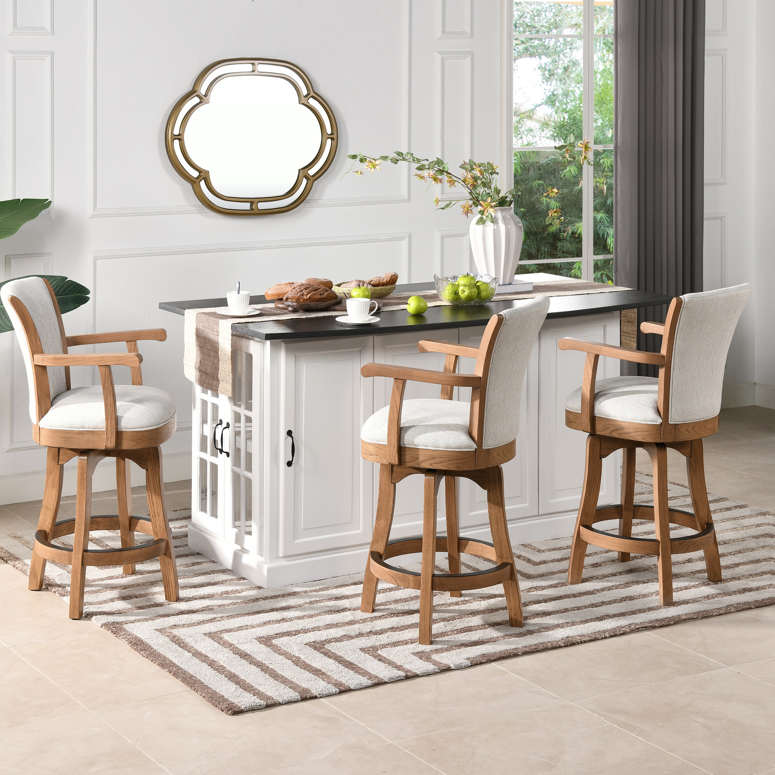 Classic Farmhouse 27" White Leather Swivel Bar Stool with Oak Arms