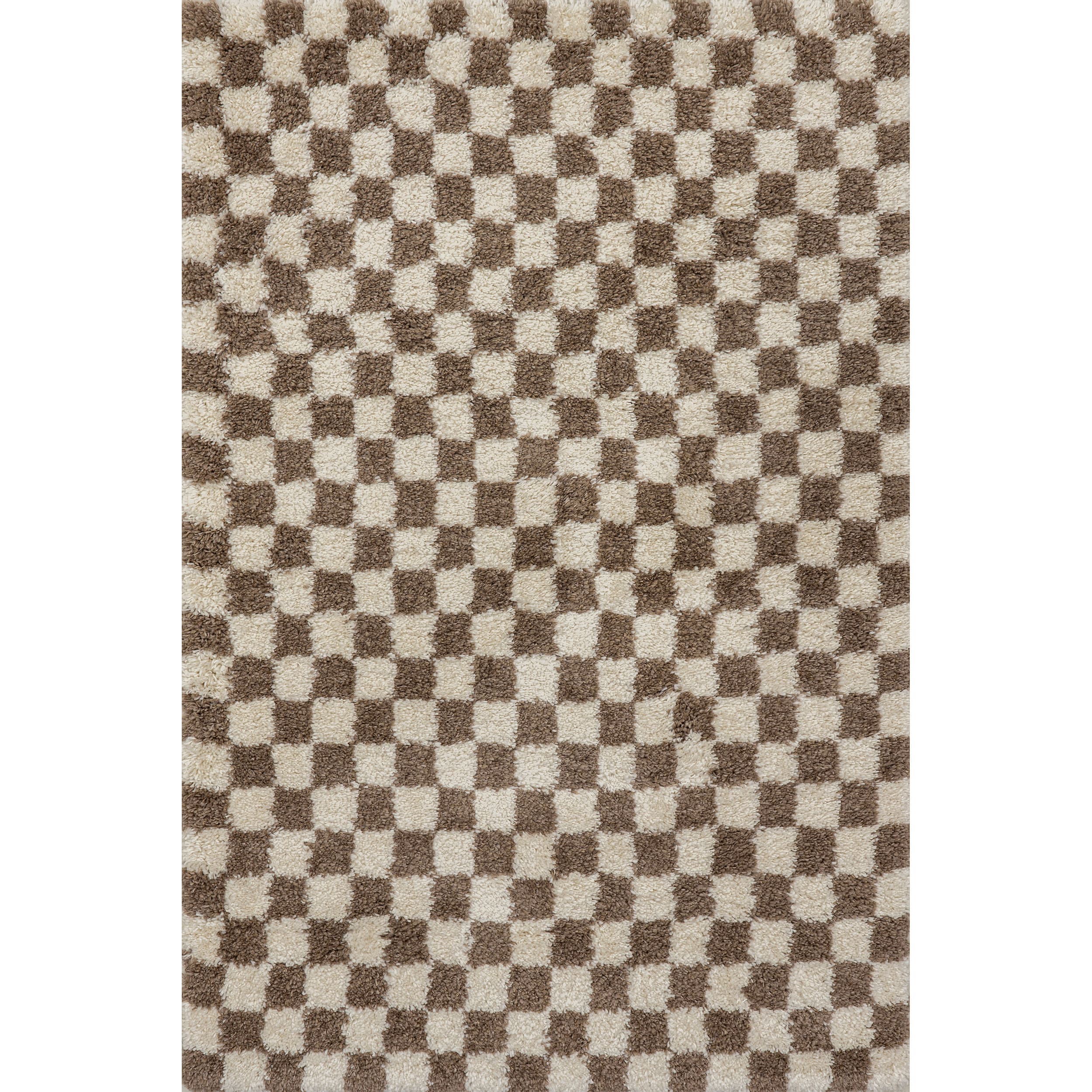 Beige and Brown Checkered Shag Synthetic Area Rug 6' x 9'