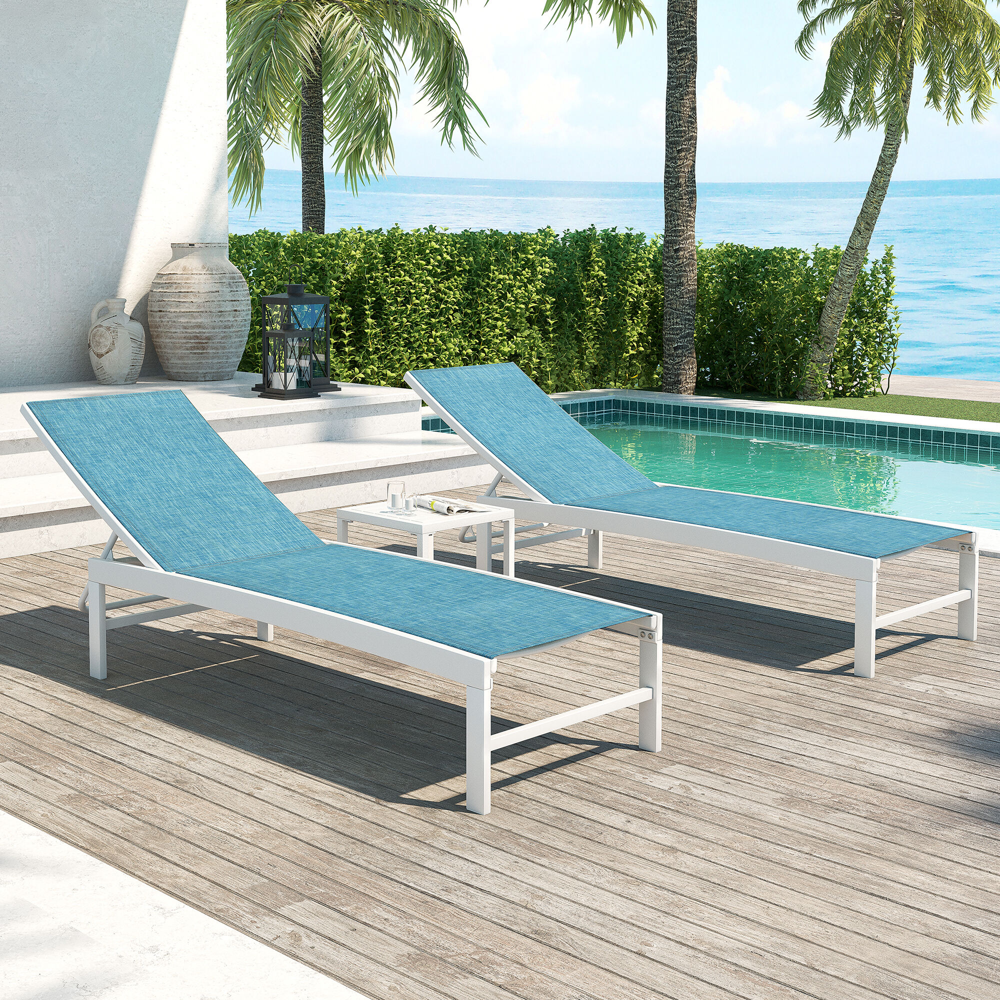 74.8" Blue Fabric and White Aluminum Outdoor Chaise Lounge Set