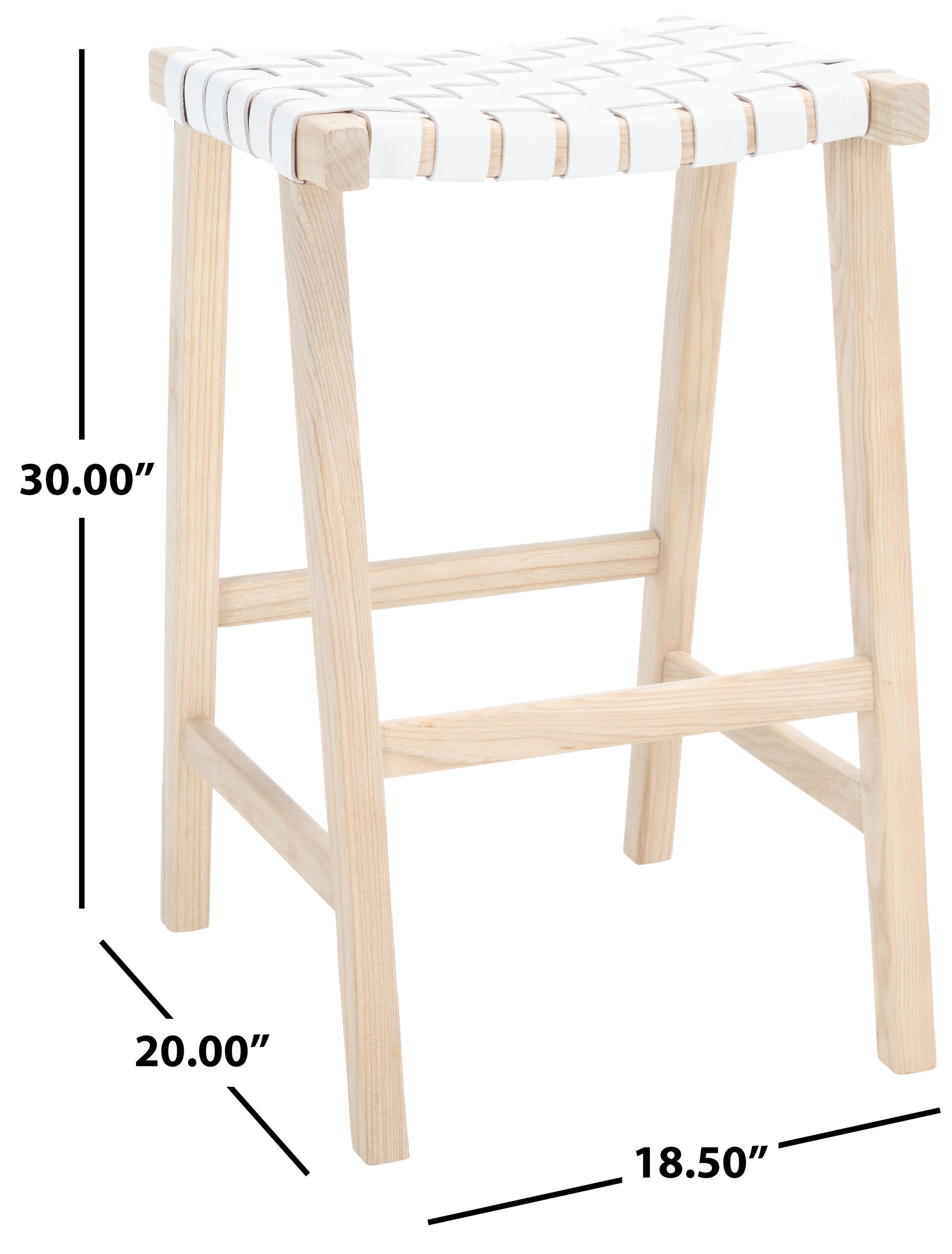 Airy Coastal Charm White Leather and Wood Saddle Barstool