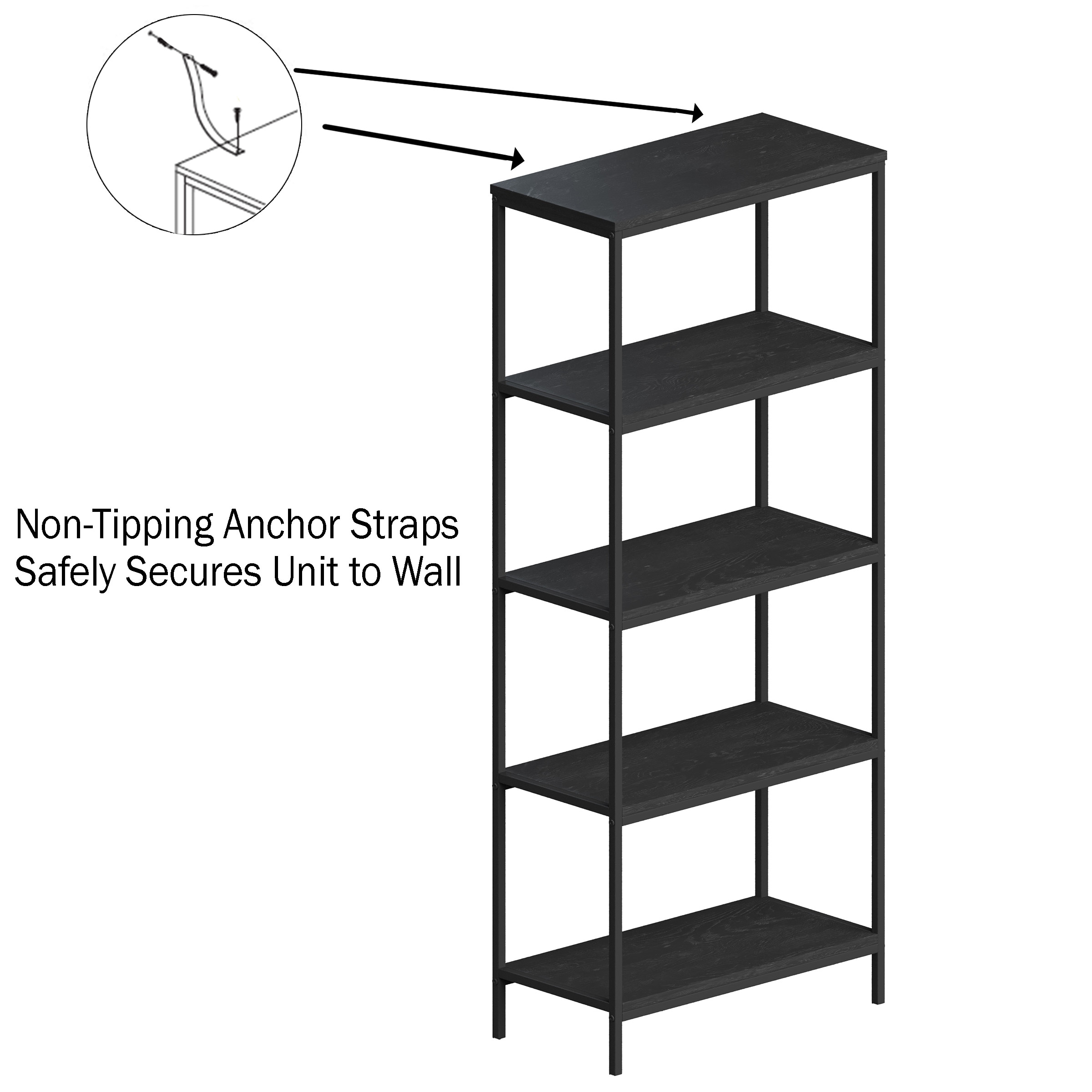 Industrial 59" Black Woodgrain 5-Tier Bookshelf for Chic Display