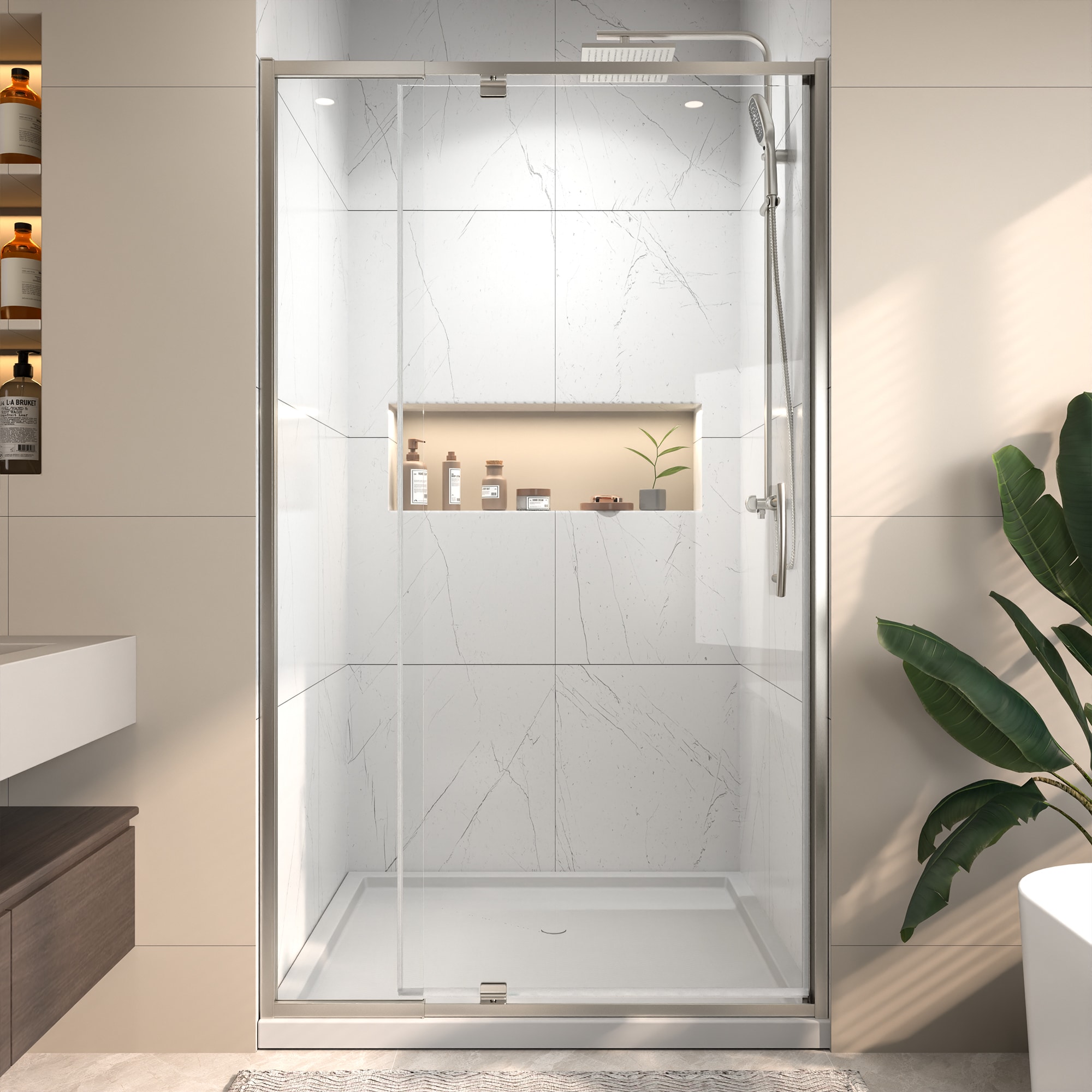 Gtnali Brushed Nickel 38-in to 42-in W x 71-in H Frame Pivot Shower Door with Clear 6mm Tempered Glass Reversible Installation and Stainless Steel Handle