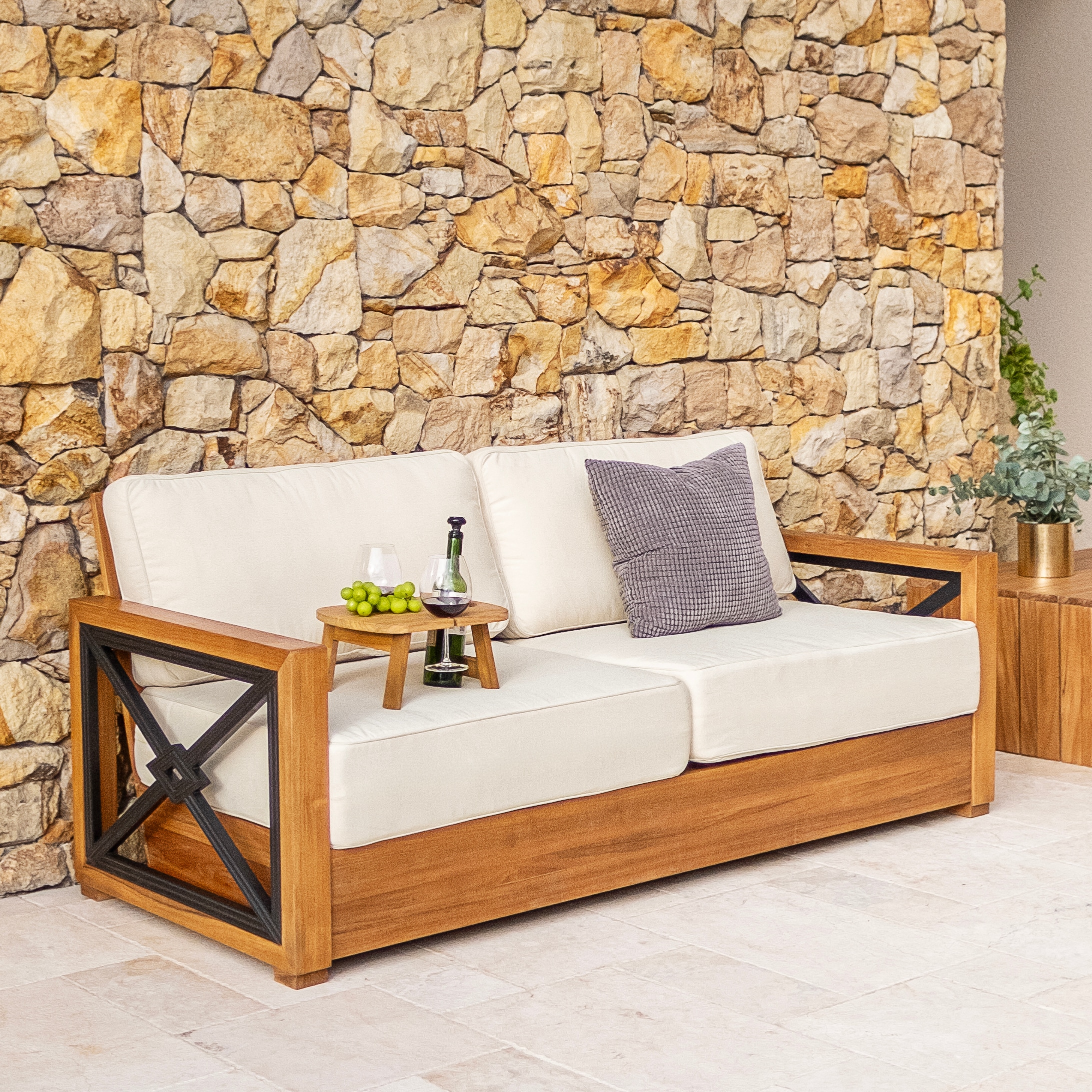 Cambridge Casual Verve Teak Outdoor Sofa with Off-white Cushions and Teak Frame