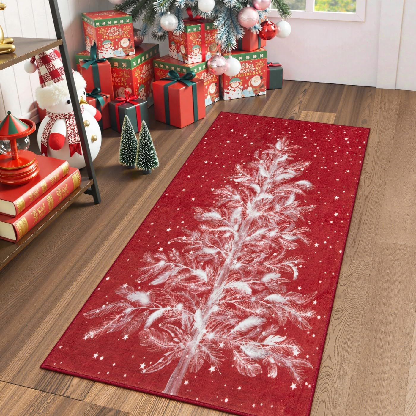 Lahome AR-DYR-409-R7 2 x 4 (ft)Red Christmas Forest Deer Moroccan Full Coverage Pearl Velvet Rectangular Indoor Area Rug