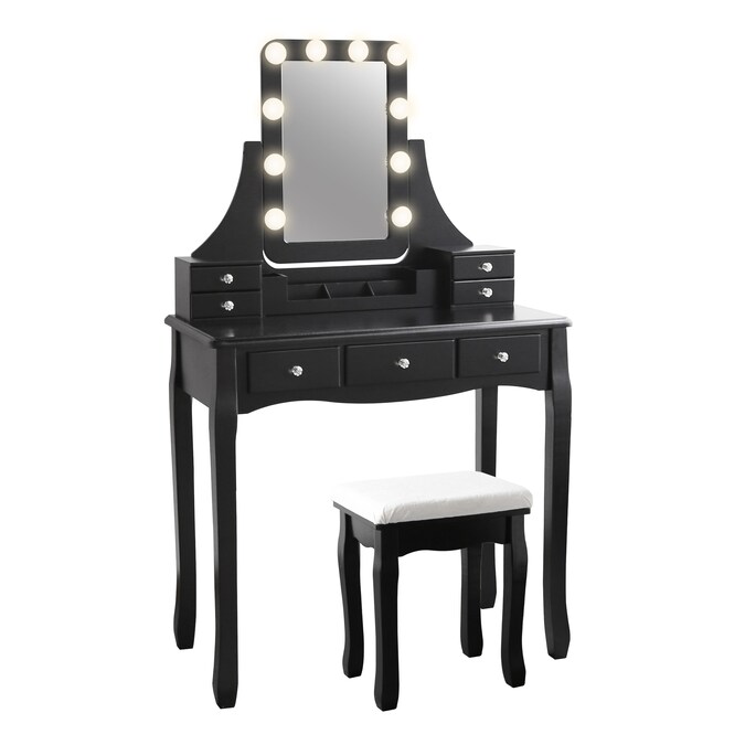 Veikous Makeup Desk Vanity Set With, Makeup Vanity With Mirror And Lights Drawers