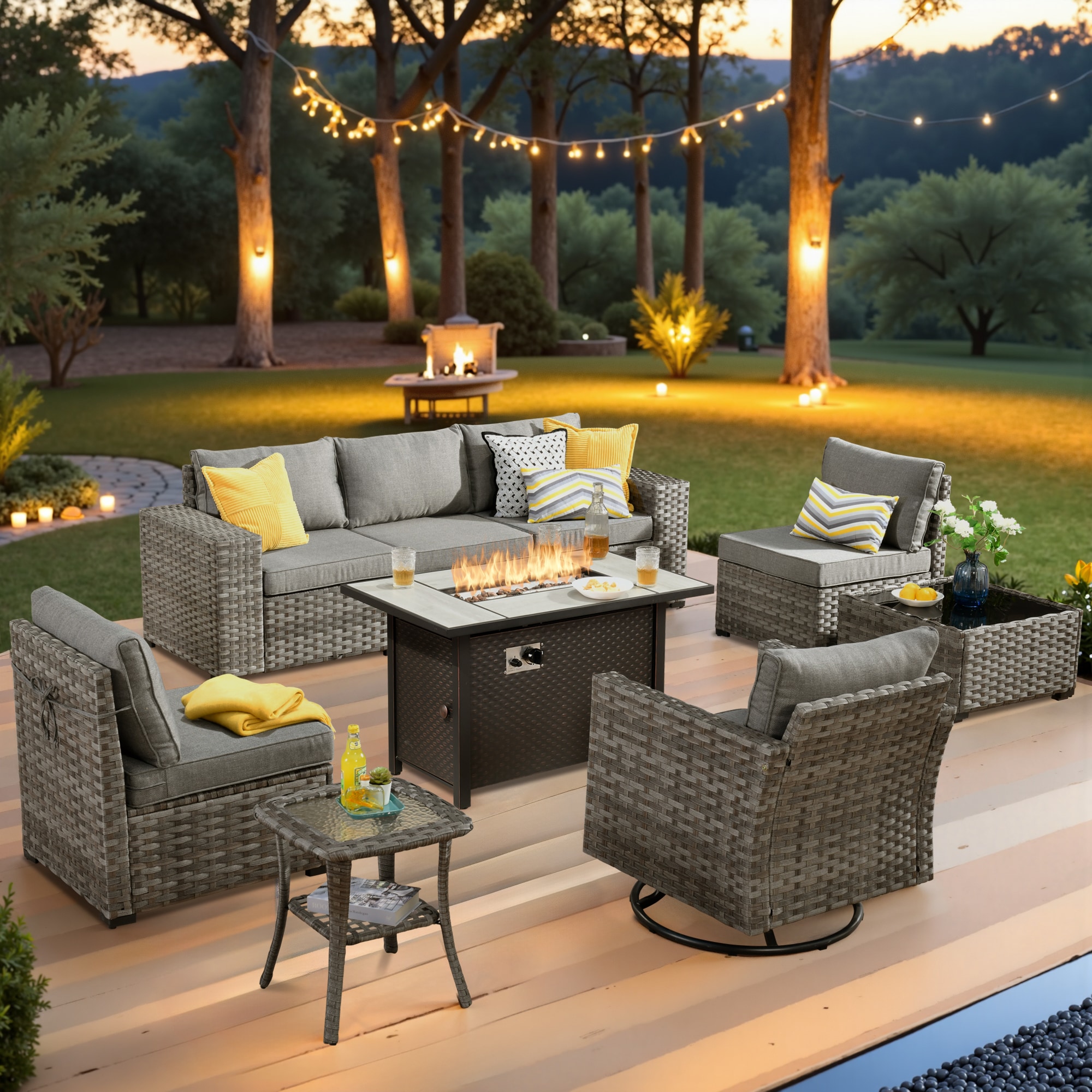 Ovios RFPKFS200Y1 9 -Piece Wicker Patio Conversation Set with Dark Gray Cushions