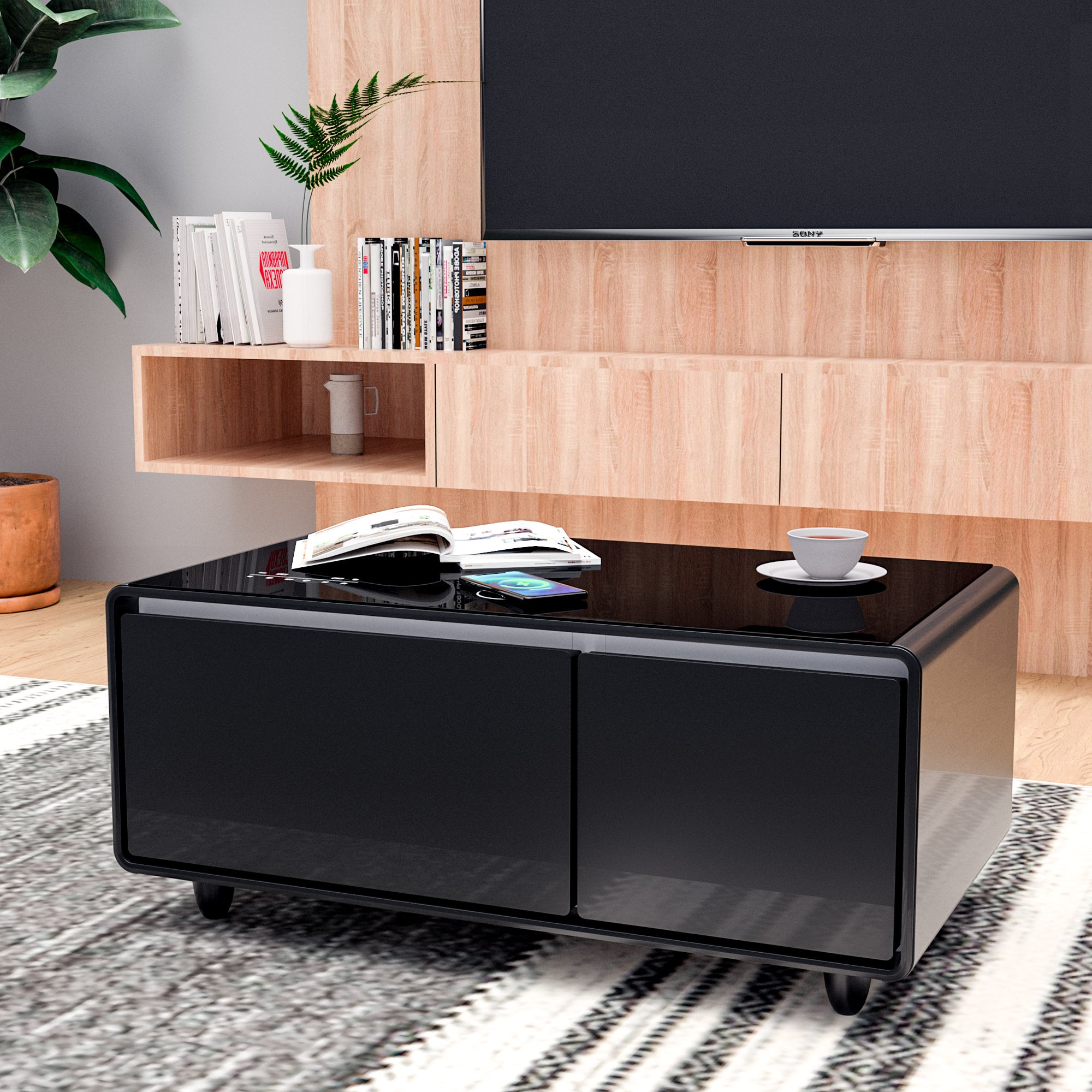 Modern Smart Coffee Table With Built In Fridge And Freezer Drawers Bluetooth Speaker Wireless Charging Touch Control Panel Usb Interface Outlet Protection Atmosphere Light Black
