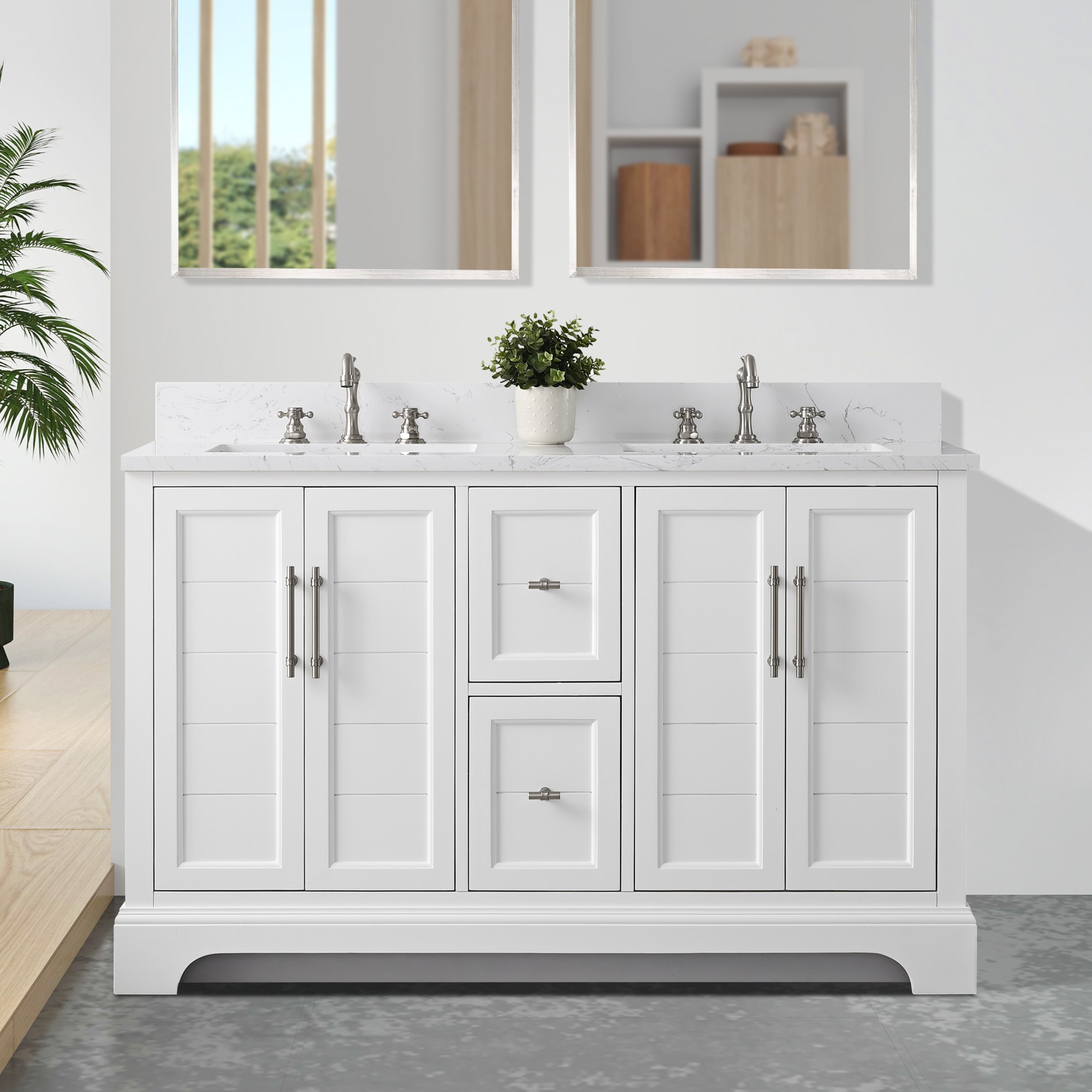 Vanity Art VA5054-W Chambery 54-in White Undermount Double Sink Bathroom Vanity with White with Grey Veining Engineered Marble Top