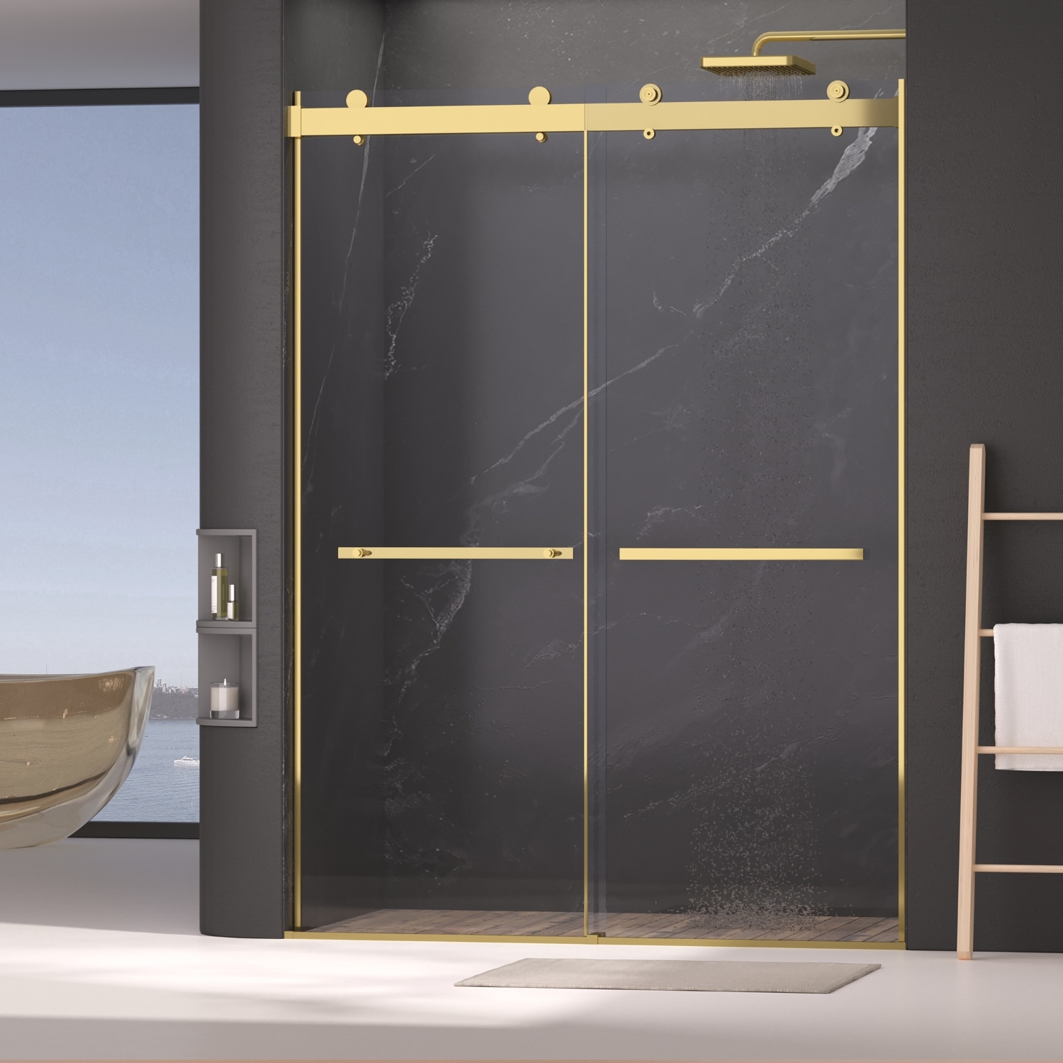 Wooakway Dual Sliding Frameless Shower Door 56-60 in W x 75 in HSliding Shower Door with 5/16in(8mm) Clear Tempered Glass Shower DoorSilent Soft-Close Design Easy to Clean Bathroom Brushed Gold