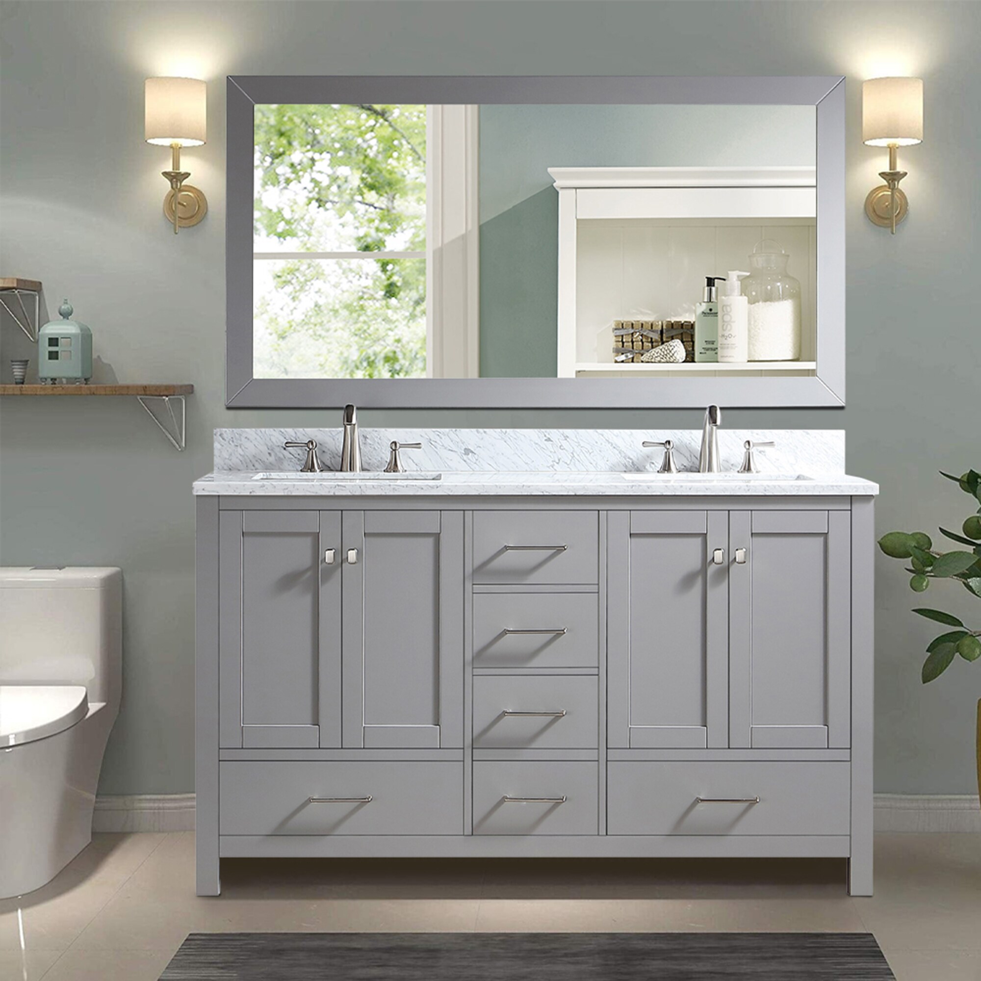 Clihome Gray Bath Vanity with Mirror and Marble Top 60-in Gray ...