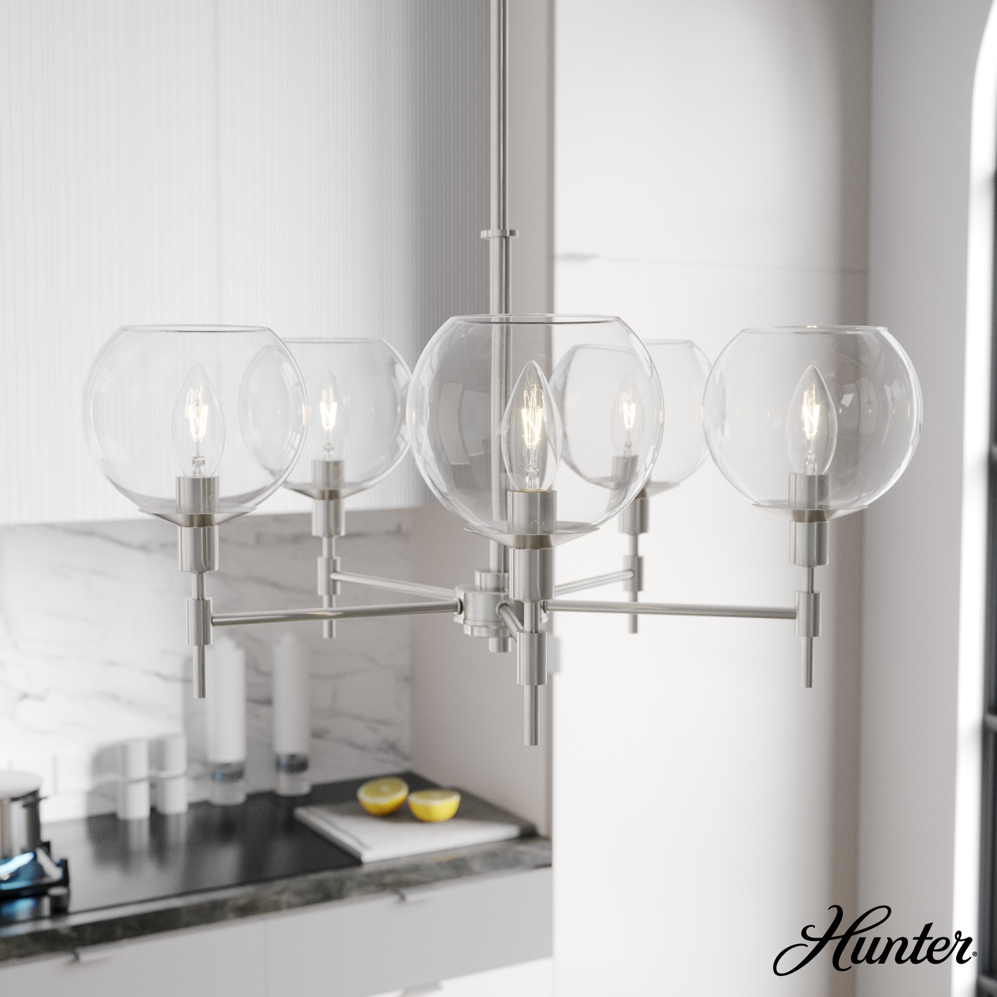 Hunter 19742 Xidane 5 -Light Brushed Nickel Mid-century Crystal For Use in Bedrooms, Dining Rooms, Foyers, Kitchens, Living Rooms Chandelier