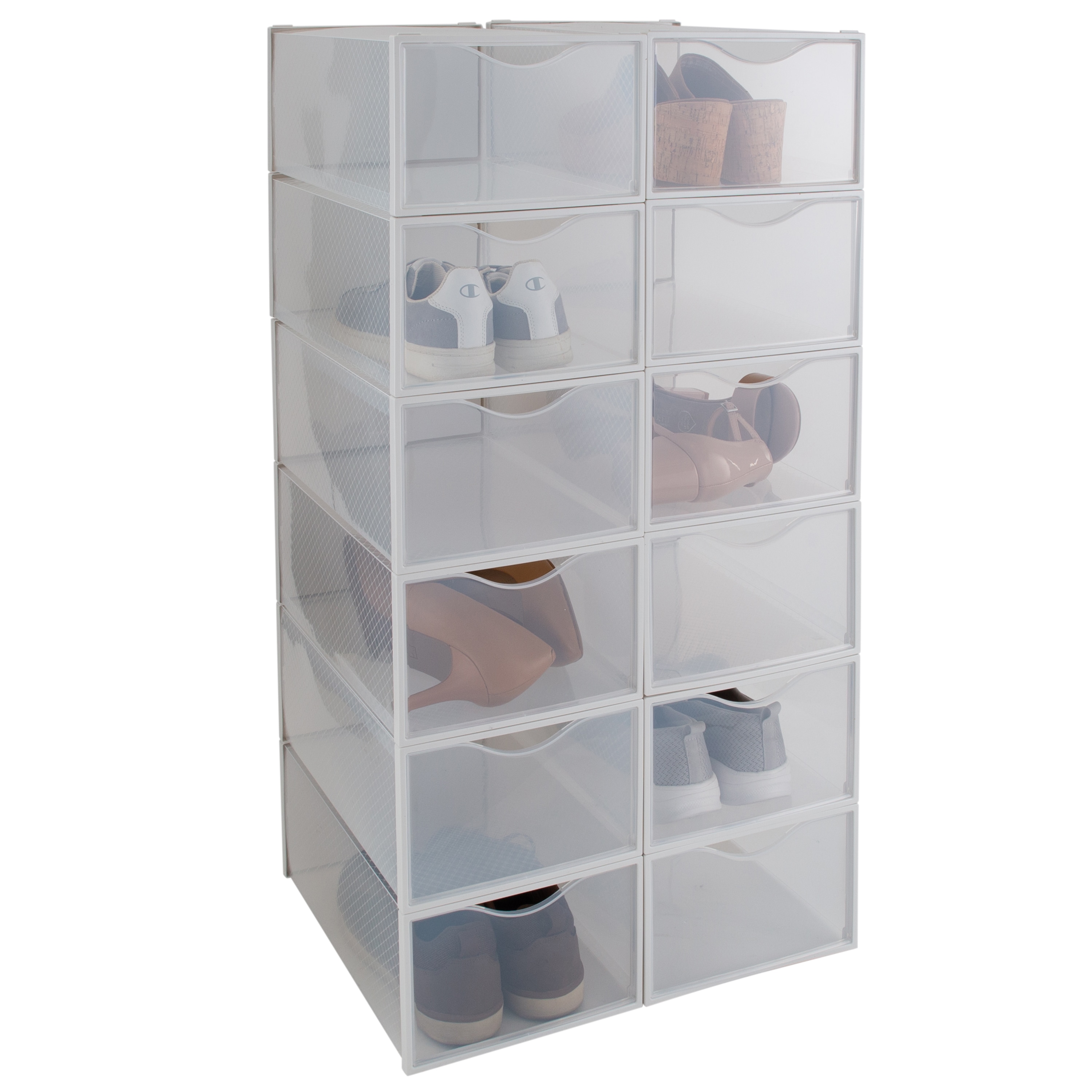 White Stackable Plastic Drop-Front Shoe Boxes Set of 12