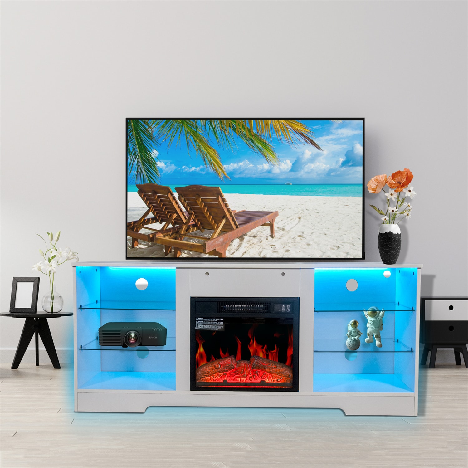 BABOOM 57.8-in W White TV Stand with Fan-forced Electric Fireplace BOM-P152180-OR Sansujyuku sansujyuku.com