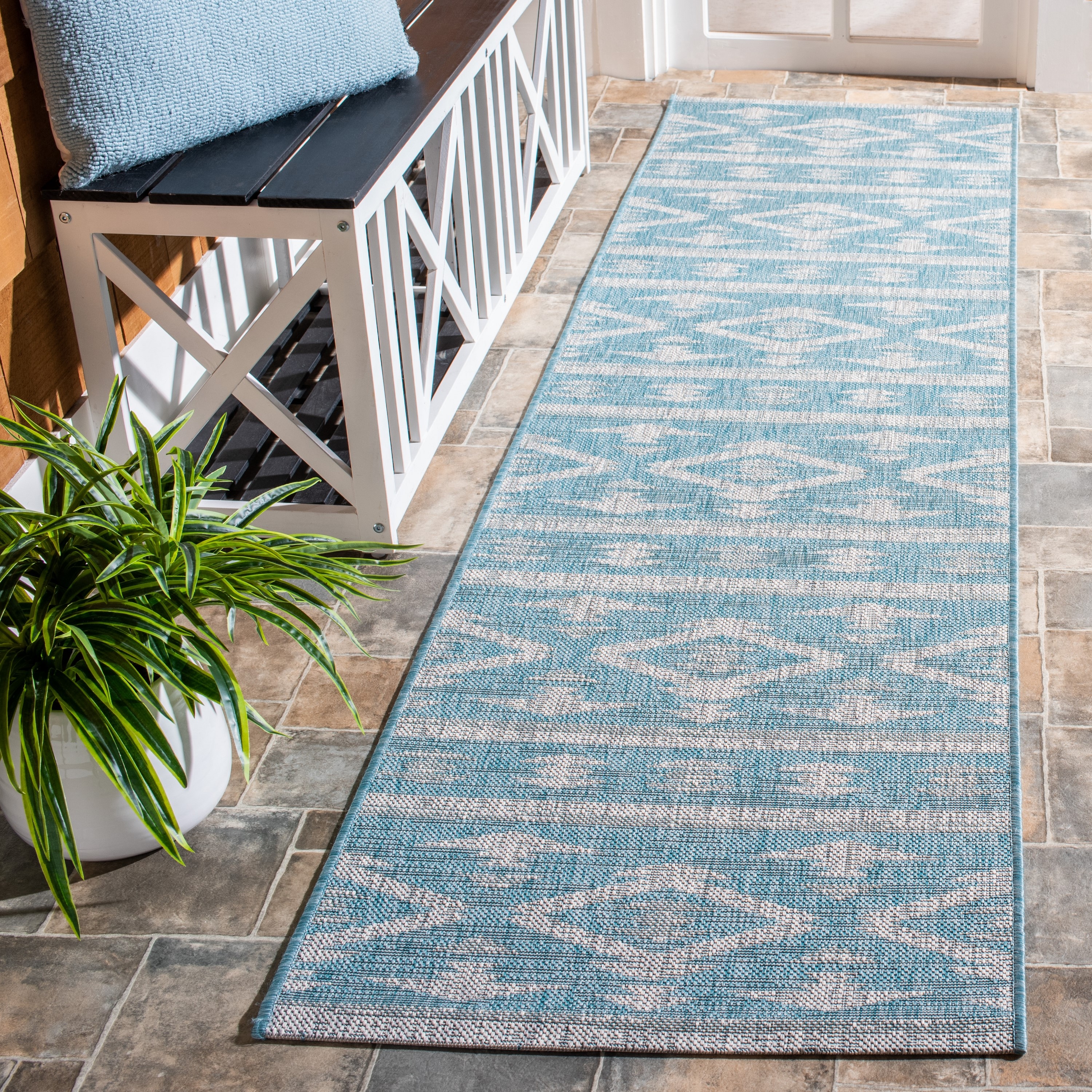 Safavieh CY8863-37121-28 Courtyard Tempe 2 x 8 (ft) Loomed Polypropylene Aqua/Gray Rectangular Indoor/Outdoor Distressed/Overdyed Coastal Runner rug