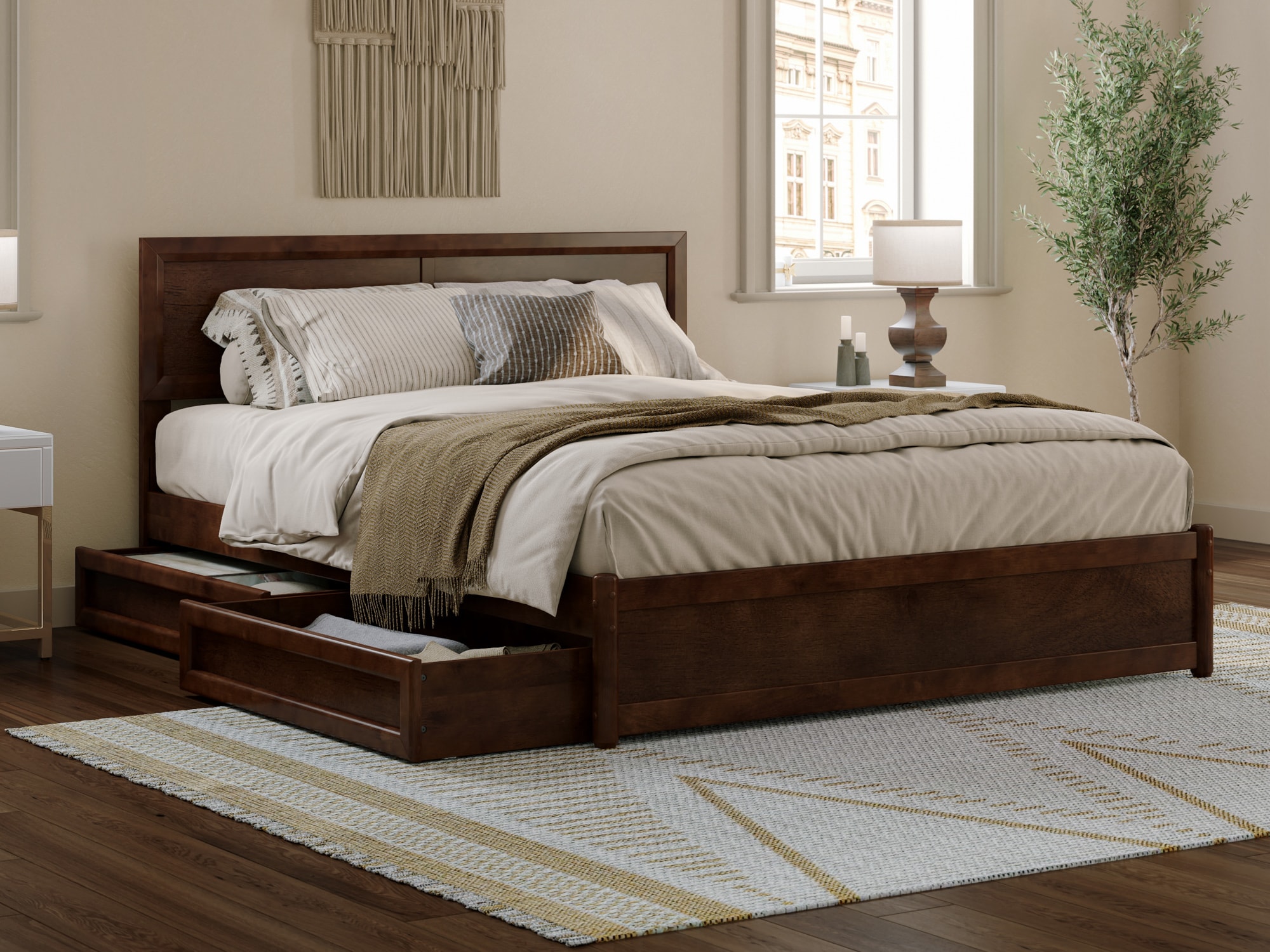 AFI AR8487144 Lylah Walnut Queen Wood Platform Bed with Storage
