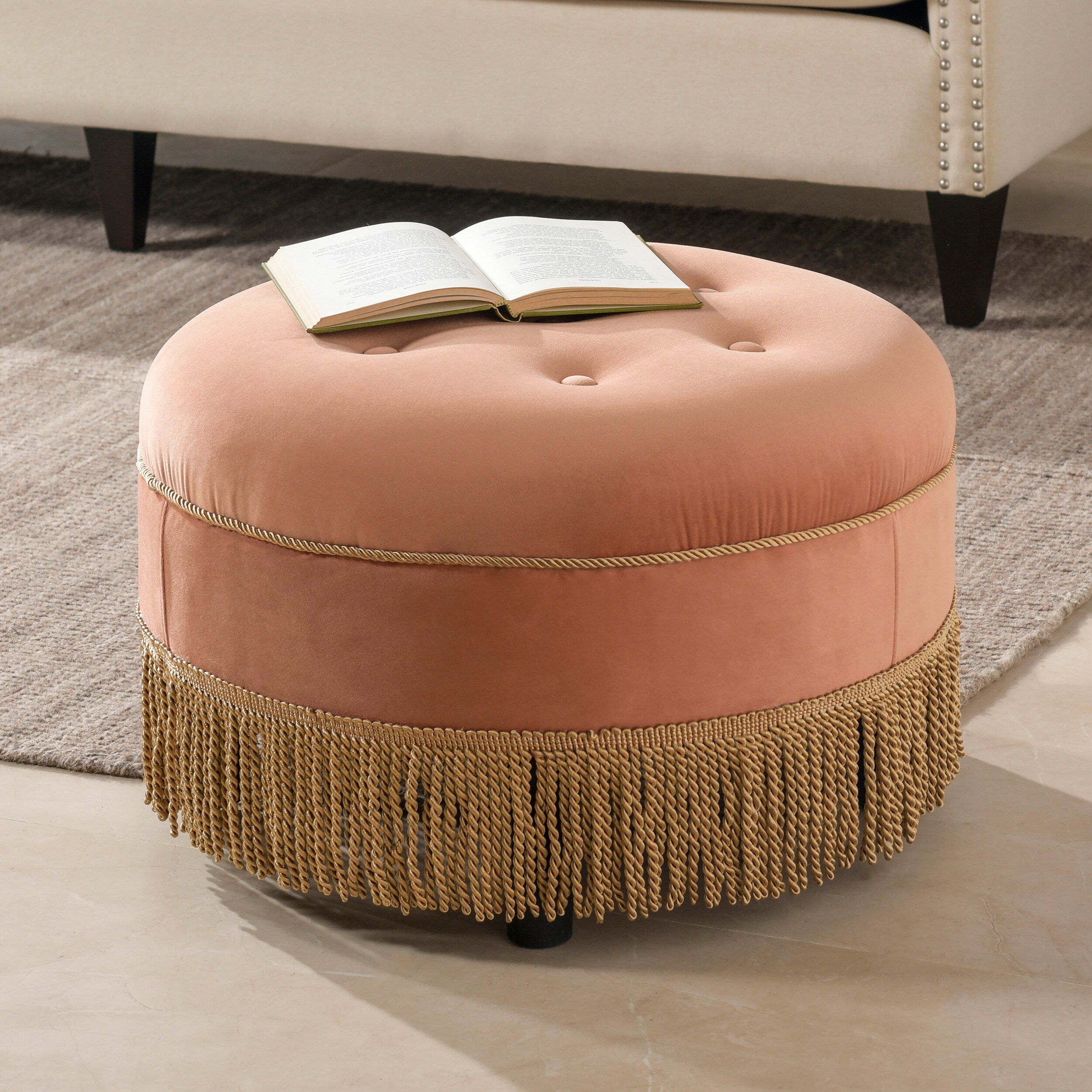 Yolanda Traditional Tufted Round Ottoman in Peach Orange Velvet