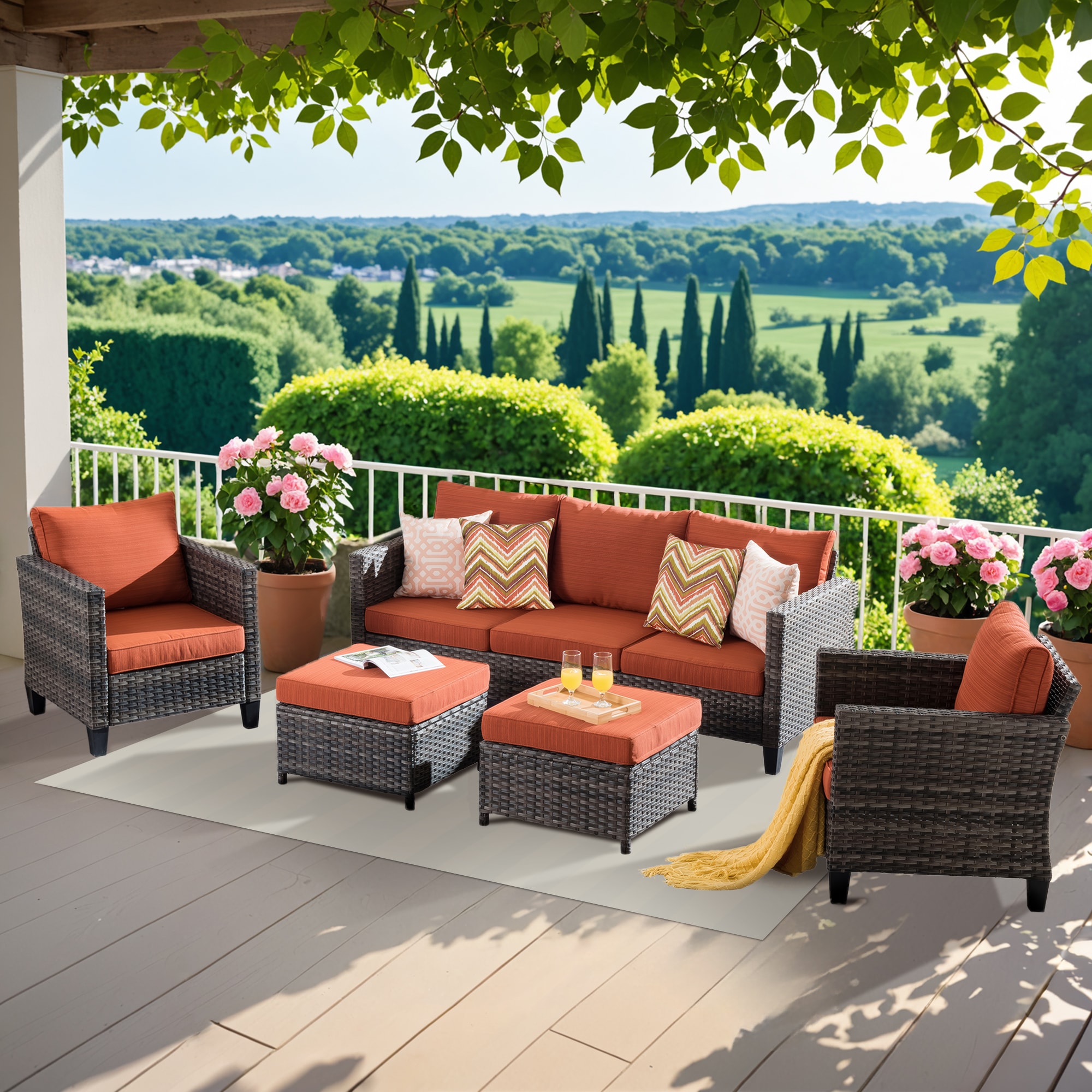 Ovios GRS802 New Vultros 5 -Piece Rattan Patio Sofa Conversation Set with Orange Cushions
