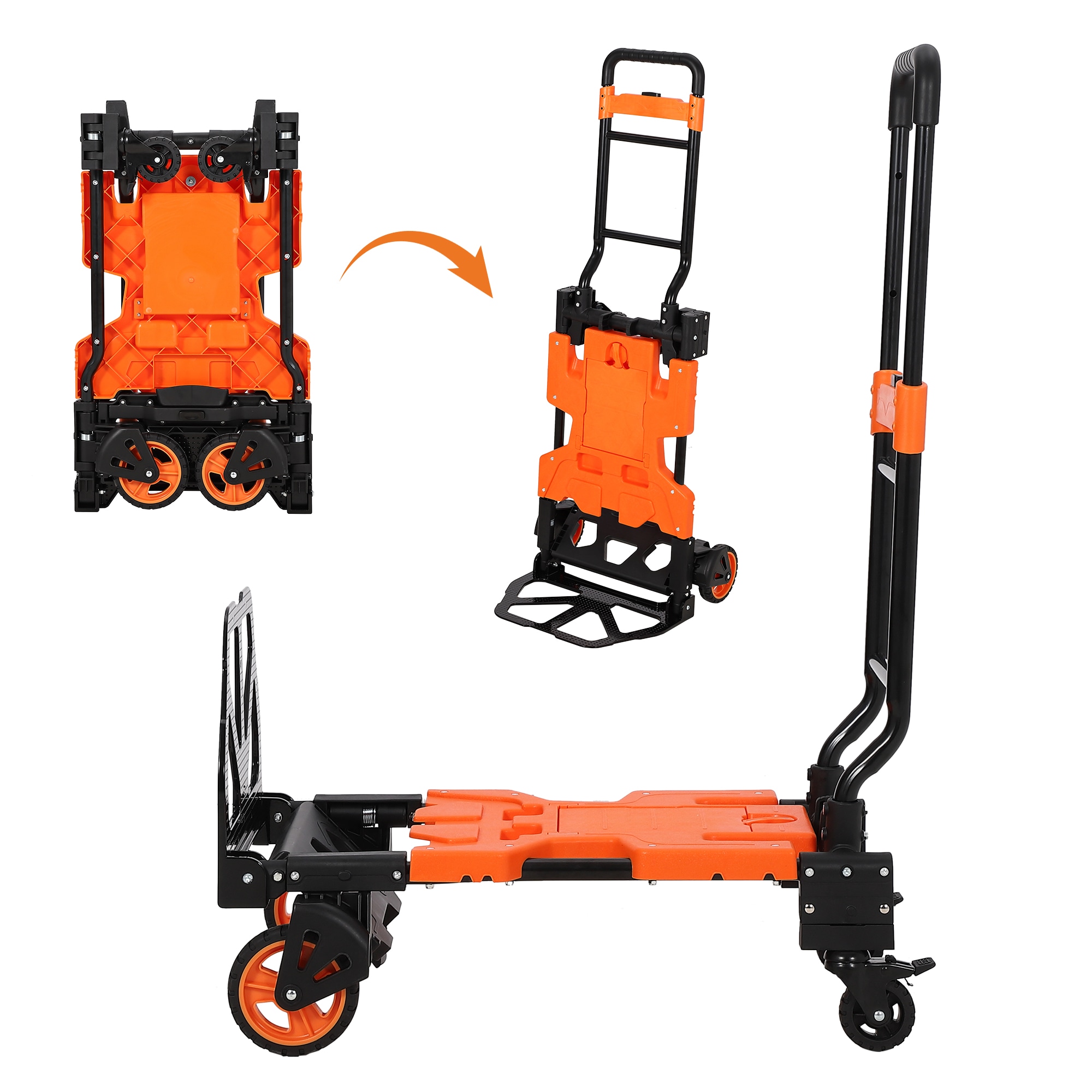 IdealHouse Heavy Duty 2 in 1 Folding Hand Truck with Basket 330 LB Capacity Collapsible Platform Dolly Cart Retractable Handle Storage Basket Bungee Cord 4 Rubber Wheels Moving Luggage Office Orange Color