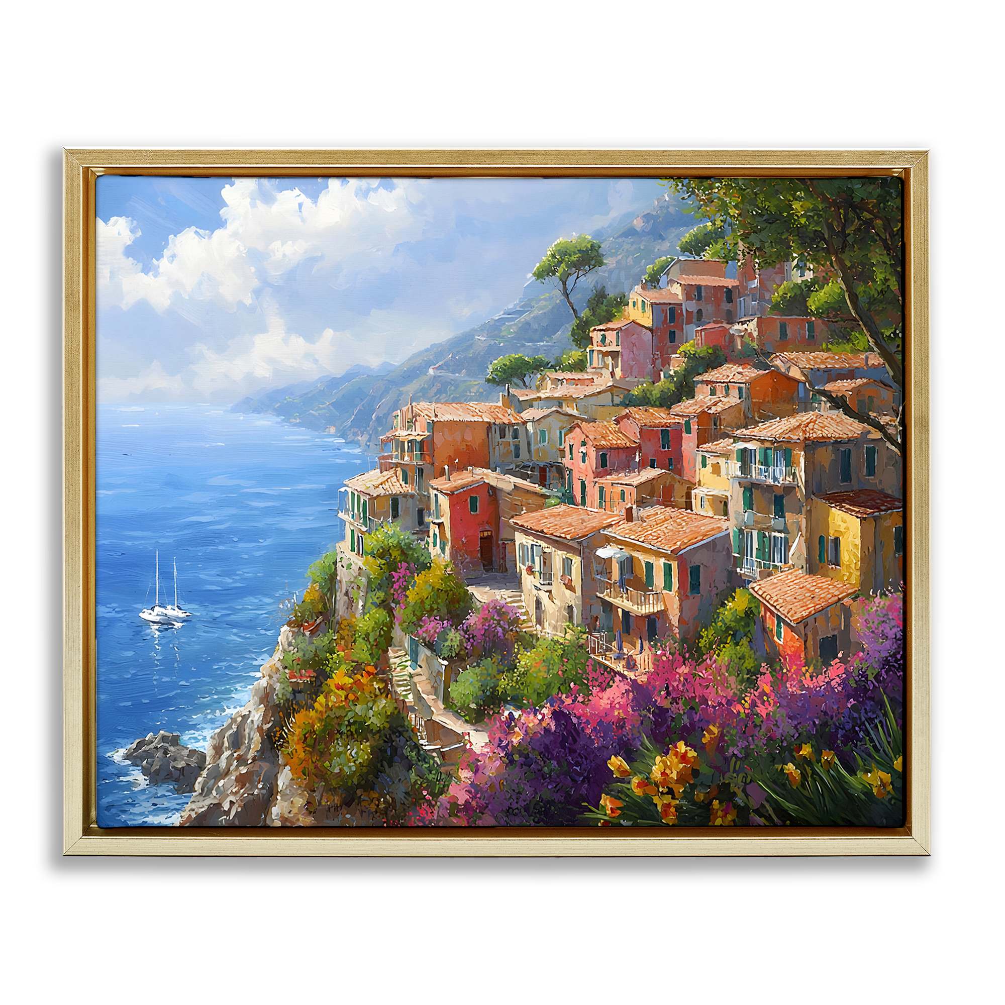 Stupell Industries BT-714-FFG-16X20 Coastal Seaside Village View Gold Framed Floater Canvas Wall Art By Franklyn Gregory 21 x 17