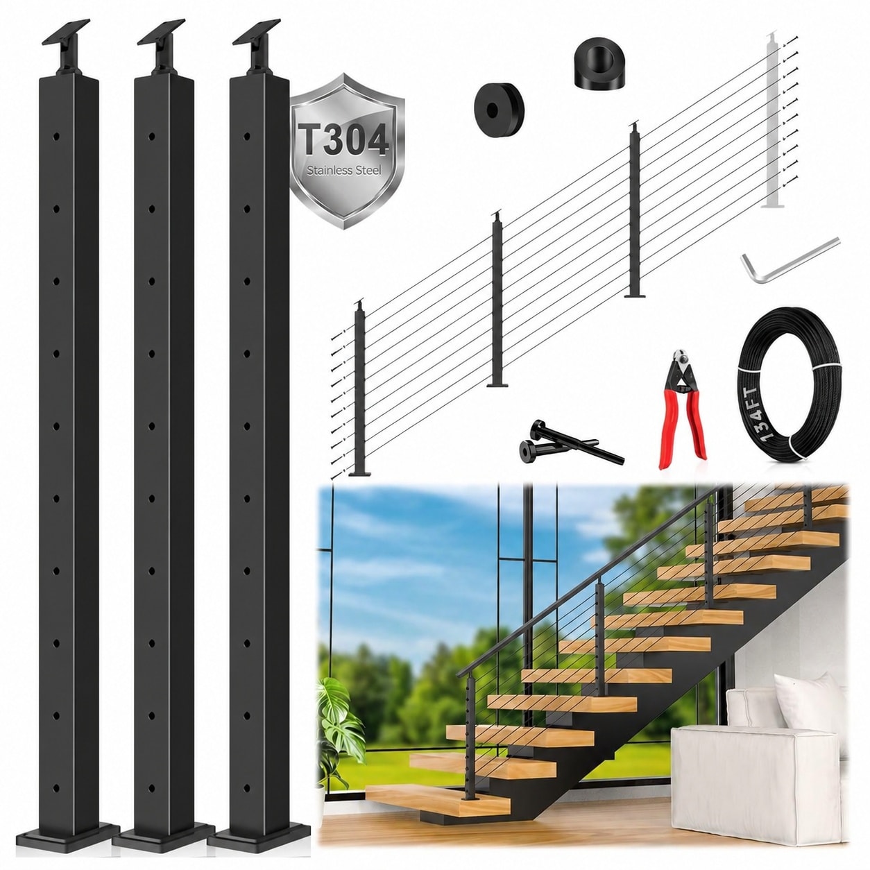 Misopily  36 Inch Black Cable Railing Posts Kit Flexible DIY Kit 3 Pack Stair Posts for 25 to 35 Degree Stairway 134ft Wire Rope Complete Cable