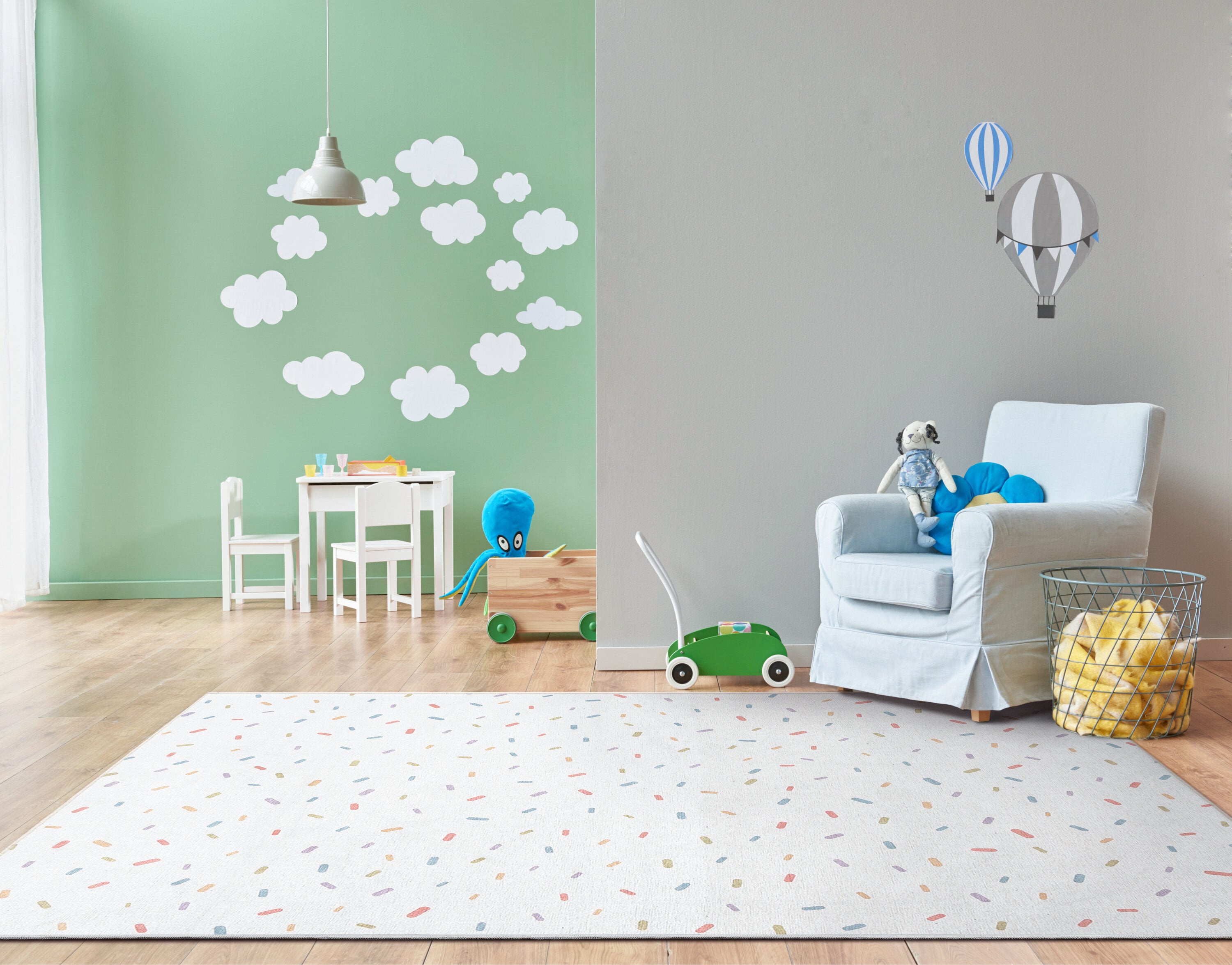 White and Multicolor Chenille Flat Woven Kids Rug, 6' x 9'