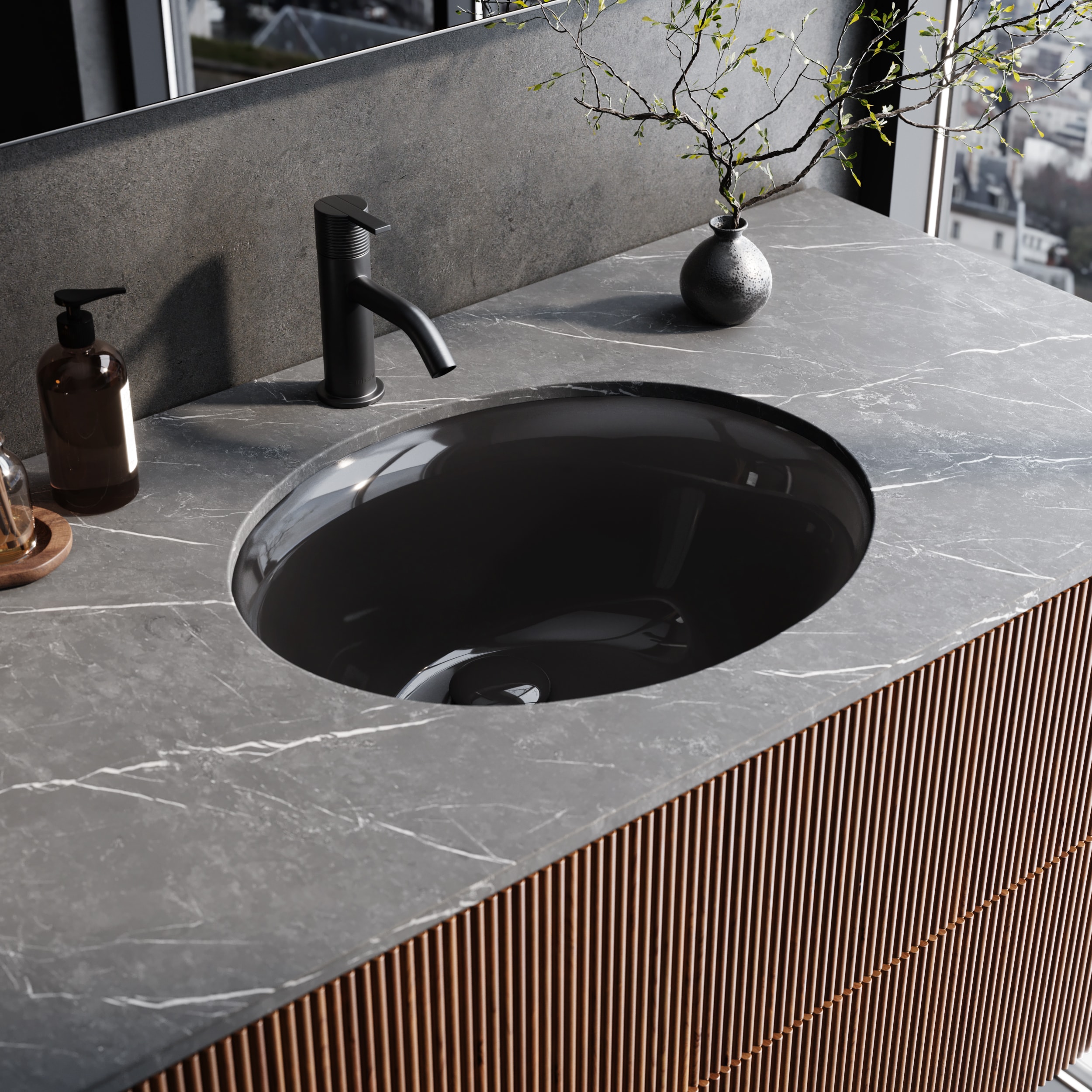 Ruvati RVB0618BK Krona Porcelain Undermount Oval Modern Black Bathroom Sink ( 18.5-in x 15.5-in )