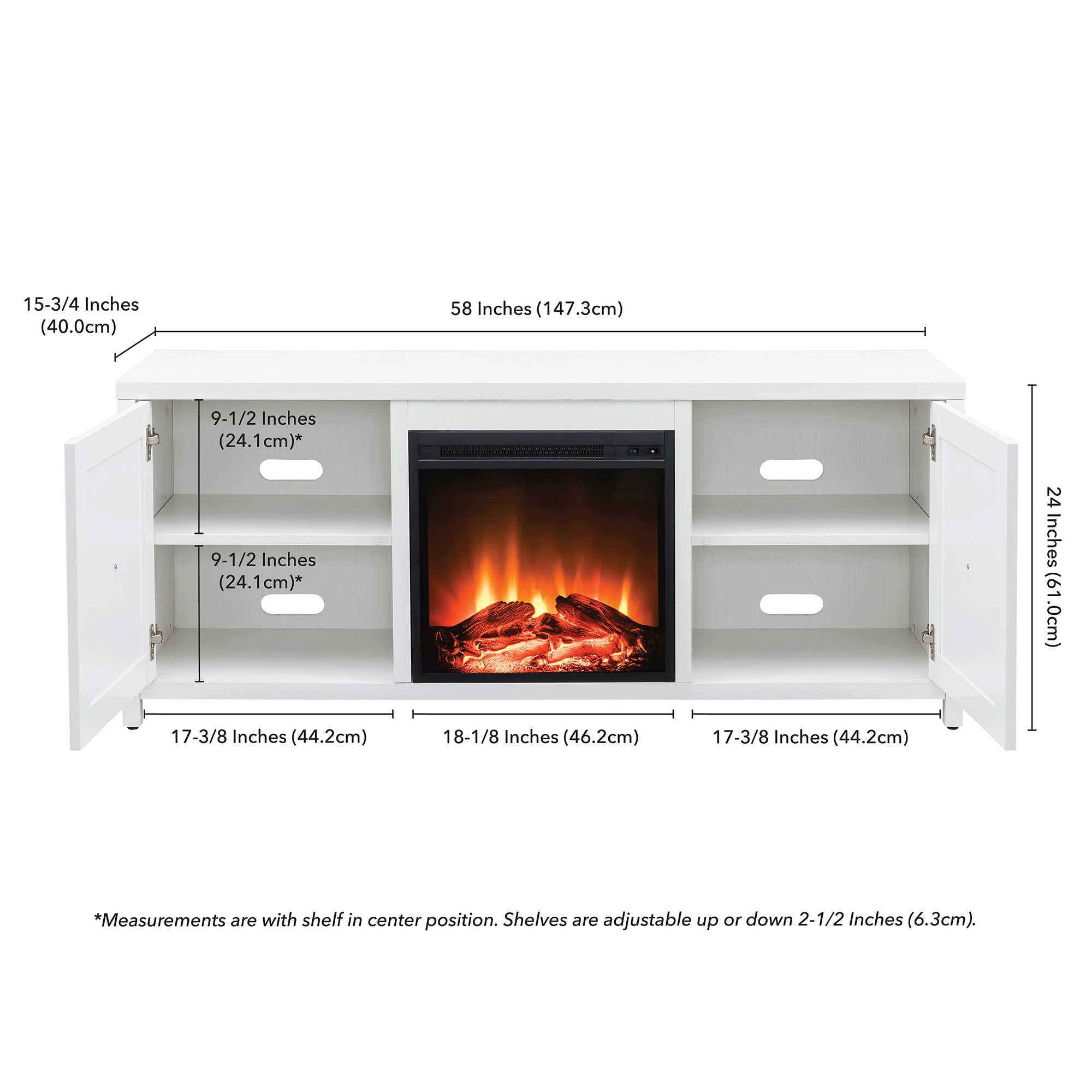 Modern Farmhouse White TV Stand with Electric Fireplace and Storage Cabinet