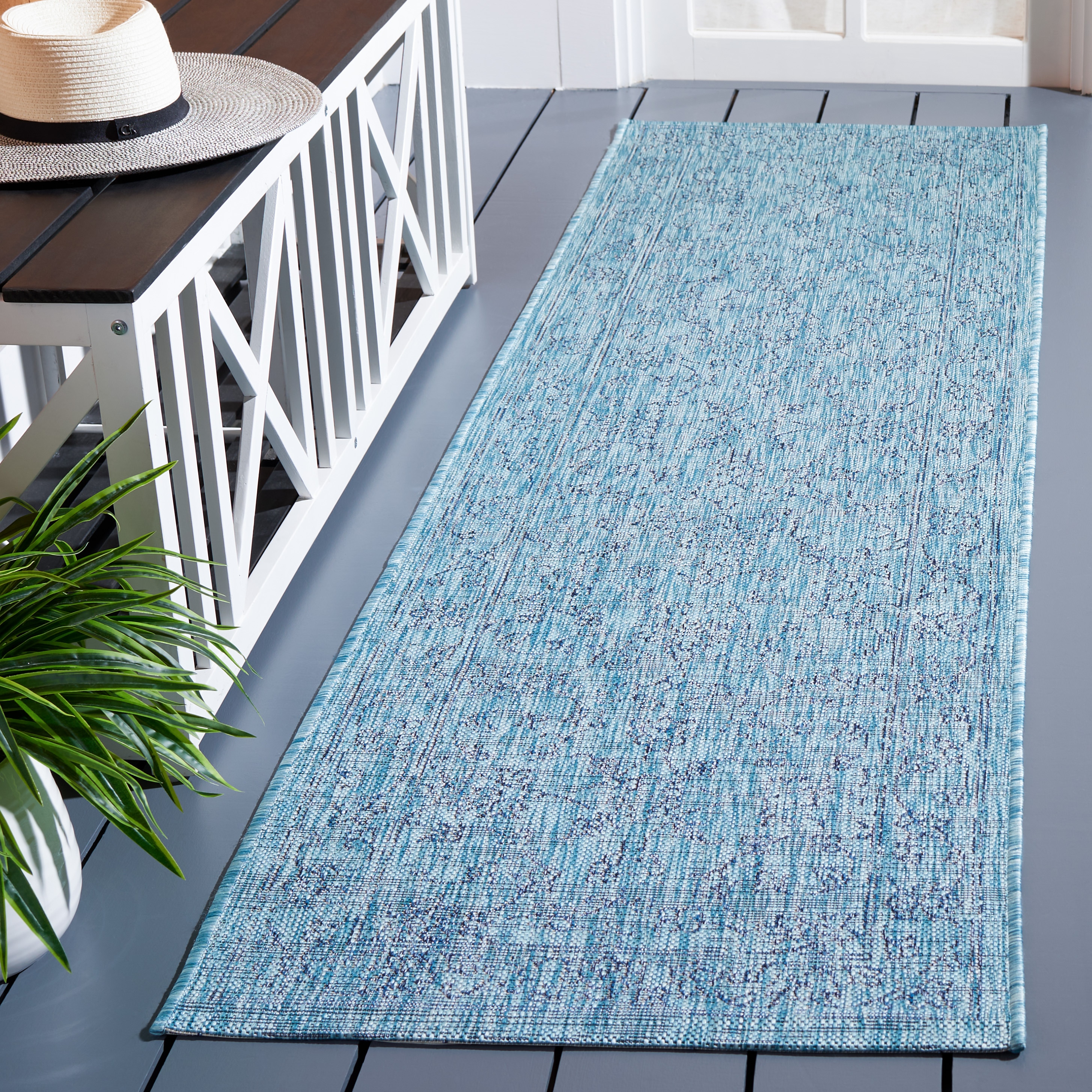 Aqua Navy Enhanced Polypropylene Indoor/Outdoor Runner Rug - 2'3" x 8'