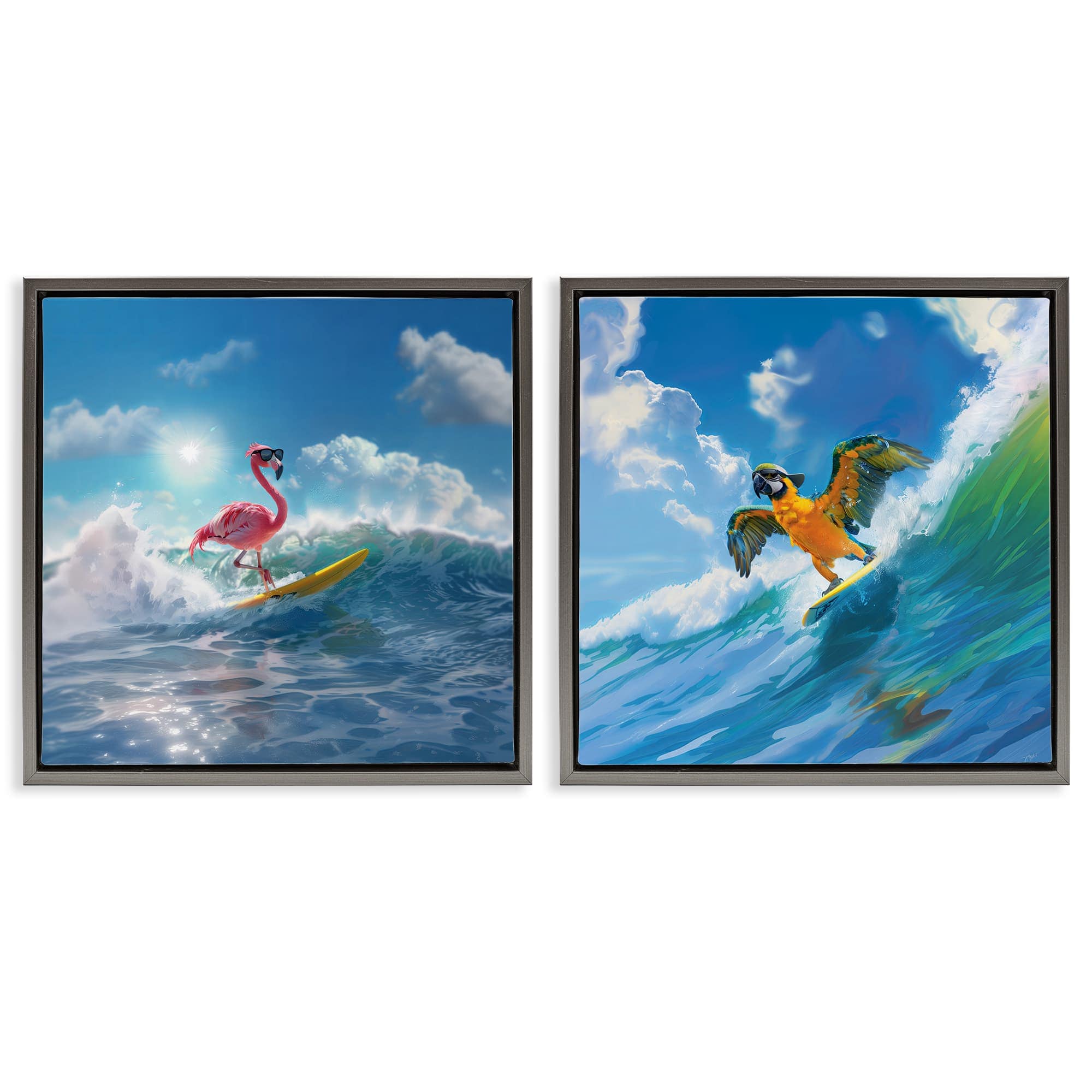 Stupell Industries B2-812-FFL-2PC-24X24 Tropical Surfing Birds 2pc Floating Frame Set design by Jim Baldwin