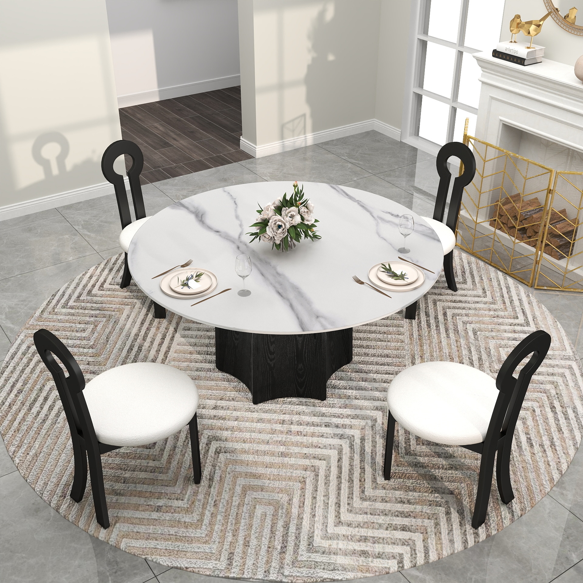 BuotiqHom DH-AT-150W-7B 59 in. White Round Farmhouse Dining Table, Ceramic with Painted Metal Pedestal Base 59-in L x 29.5-in H