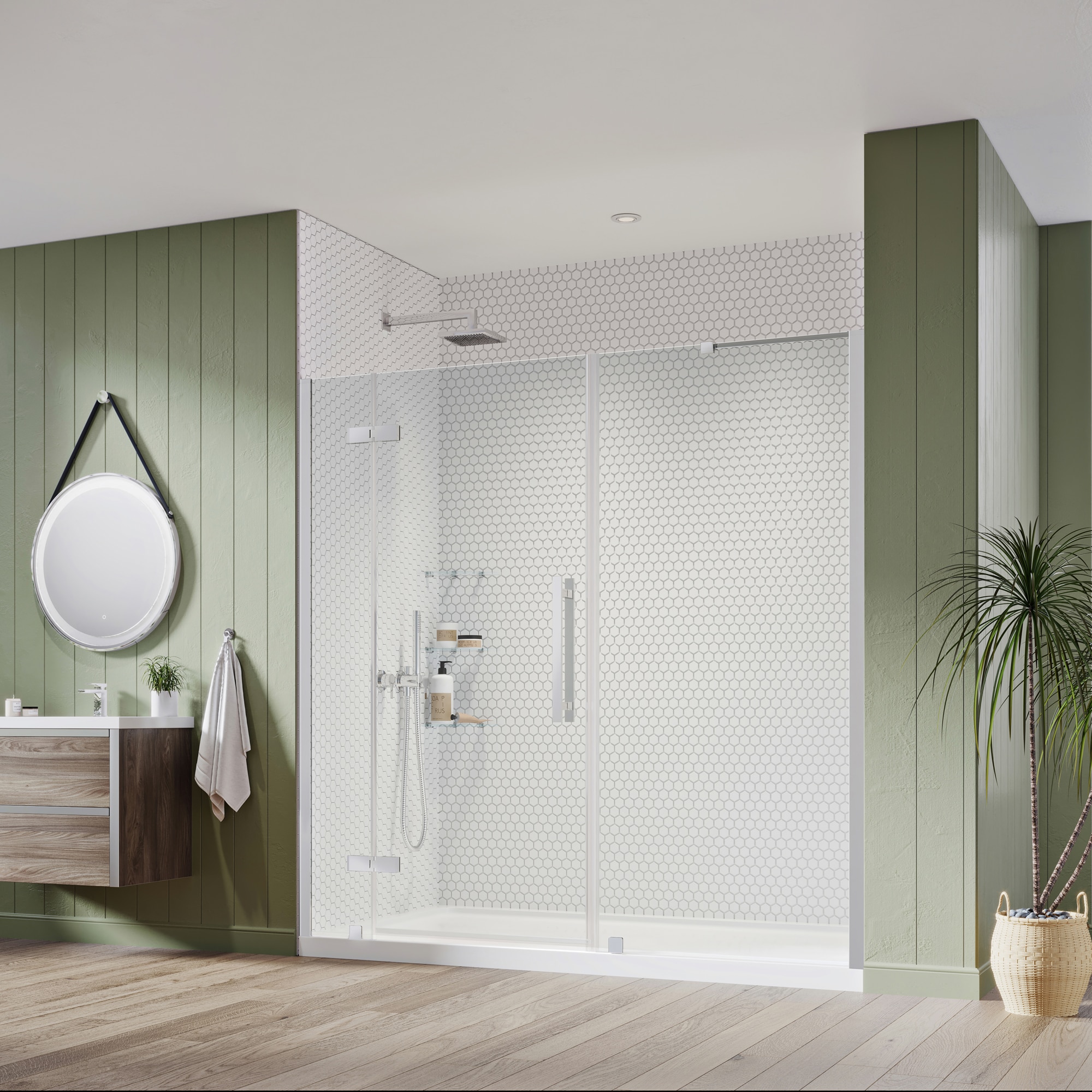 Pasadena 36'' Satin Nickel Frameless Corner Shower Kit with Shelves