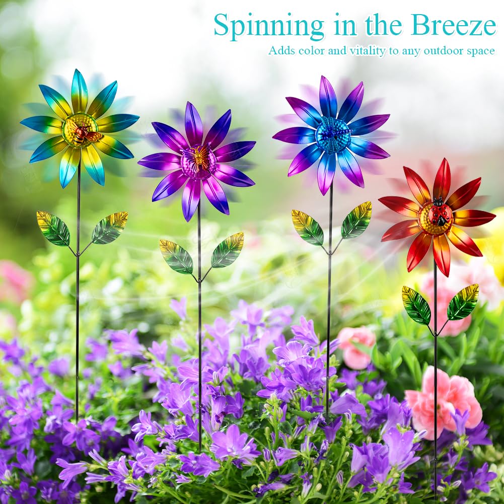 ITOPFOX 4-Pack Metal Flower Wind Spinner Pinwheels for Yard Garden Lawn ...