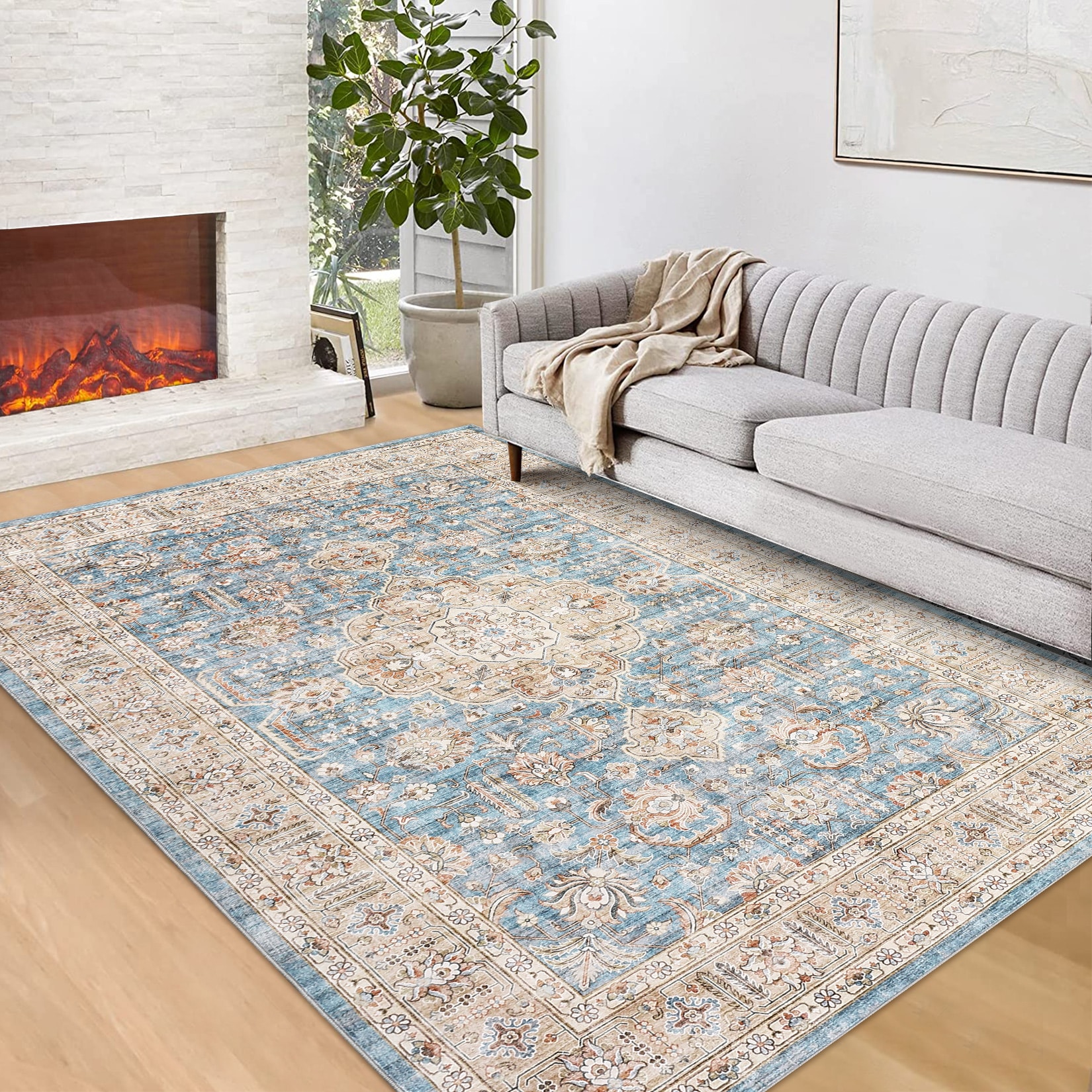 Garvee YXY-LO-PHO-11QDF06L 5 x 7 (ft) Polyester Blue Rectangular Indoor Distressed/Overdyed Vintage Machine washable Area rug