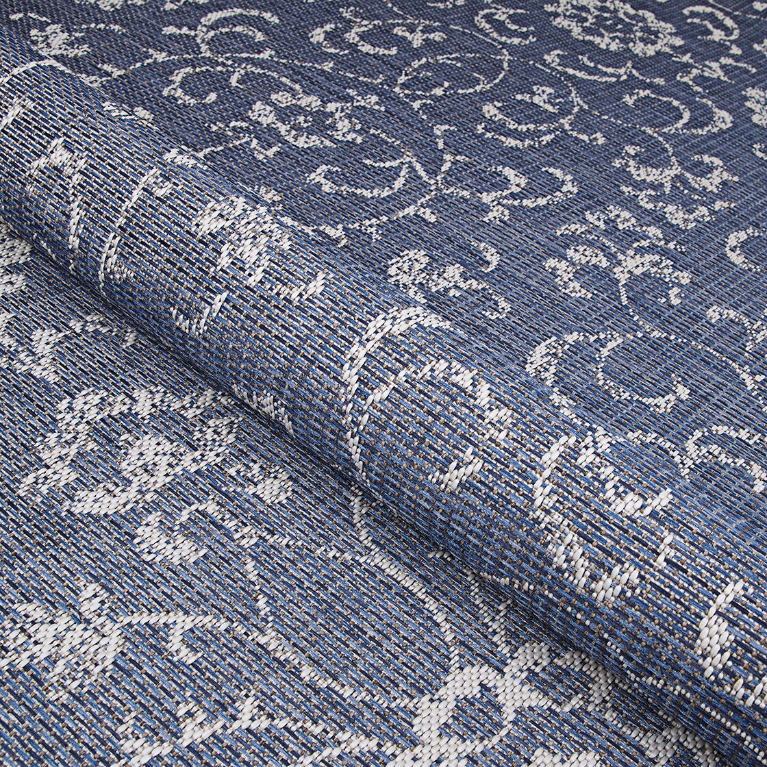 Navy and Ivory Floral Flatwoven Rectangular Area Rug