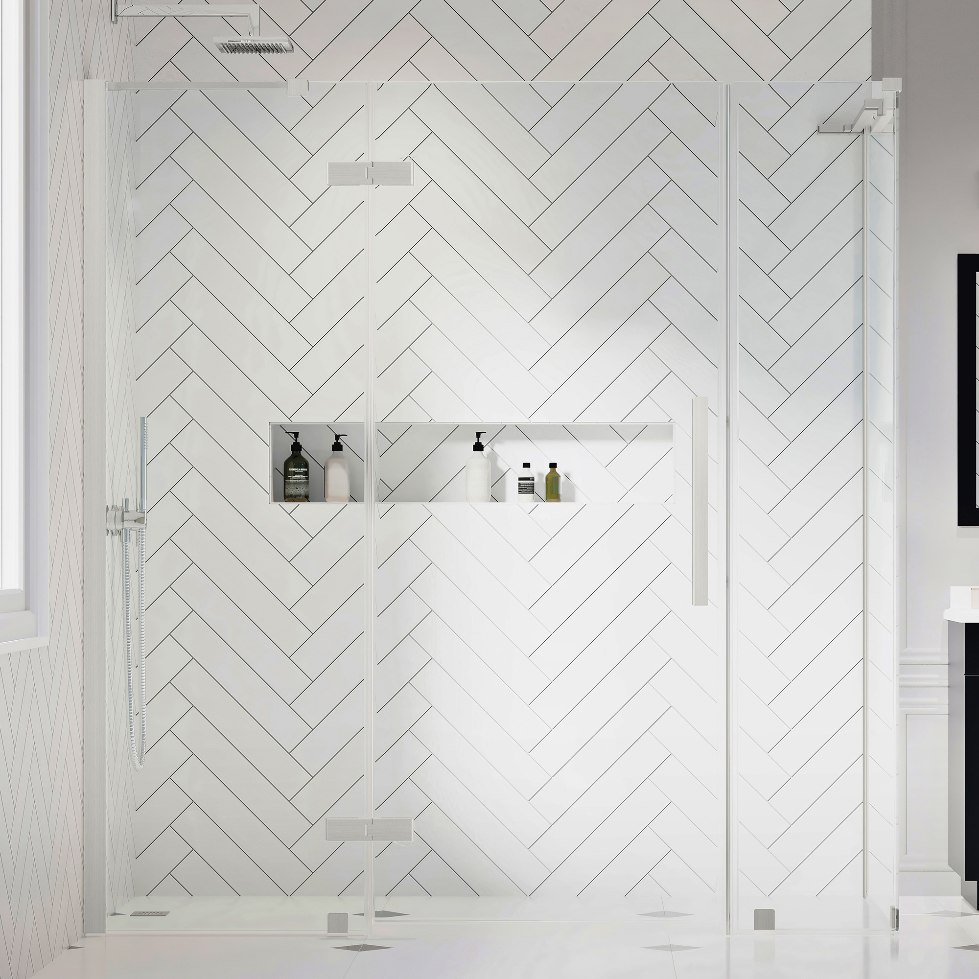 OVE Decors 828796056984 Tampa Satin nickel 69-5/8-in to 70-13/16-in W x 72-in H Frameless Pivot Shower door 5/16-in Thick Clear Glass