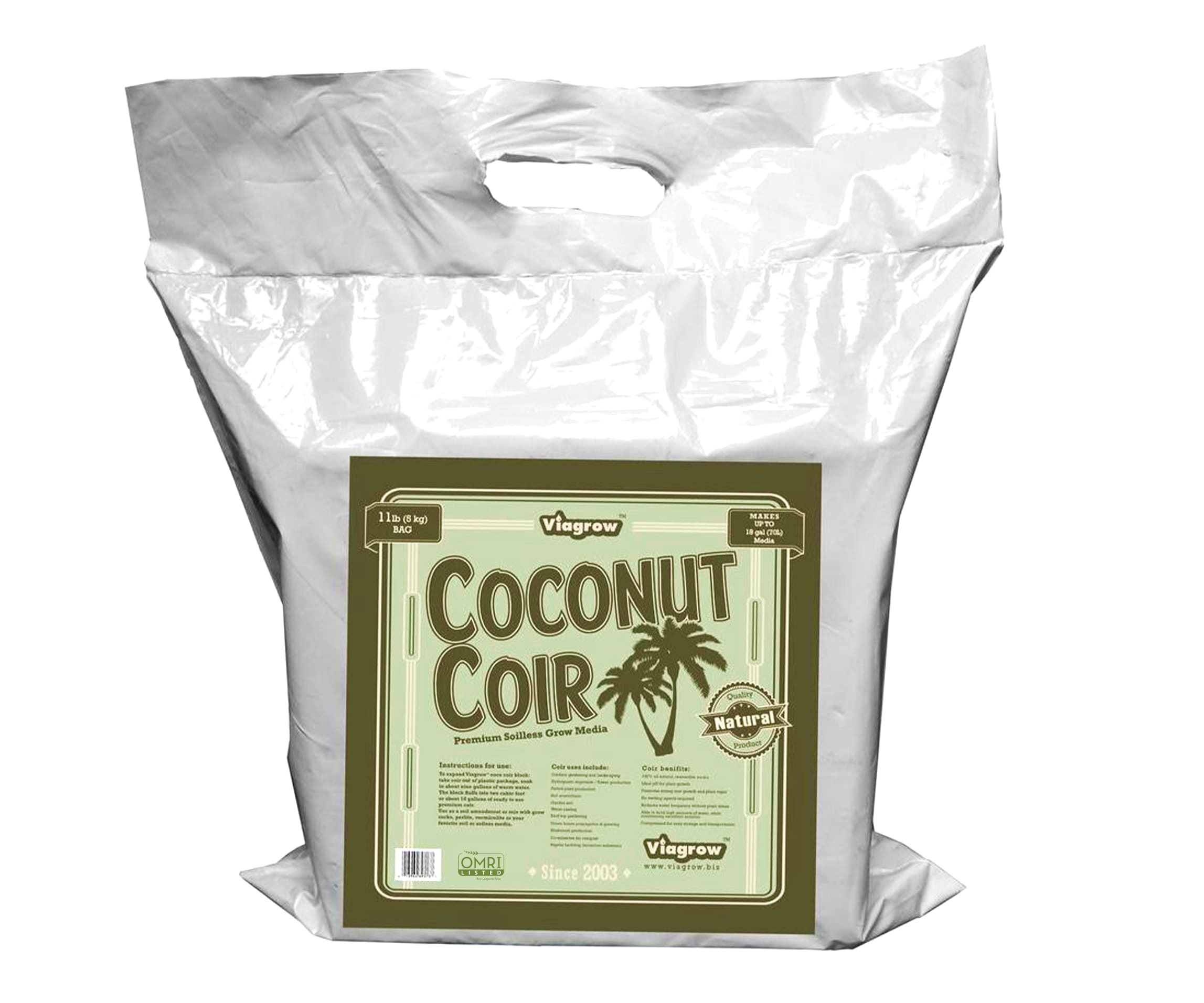 Viagrow VCCB5 1-Pack OMRI Cetified Compressed Brick 5KG / 11LB / 2.5 CF Organic Coconut coir Improves soil structure
