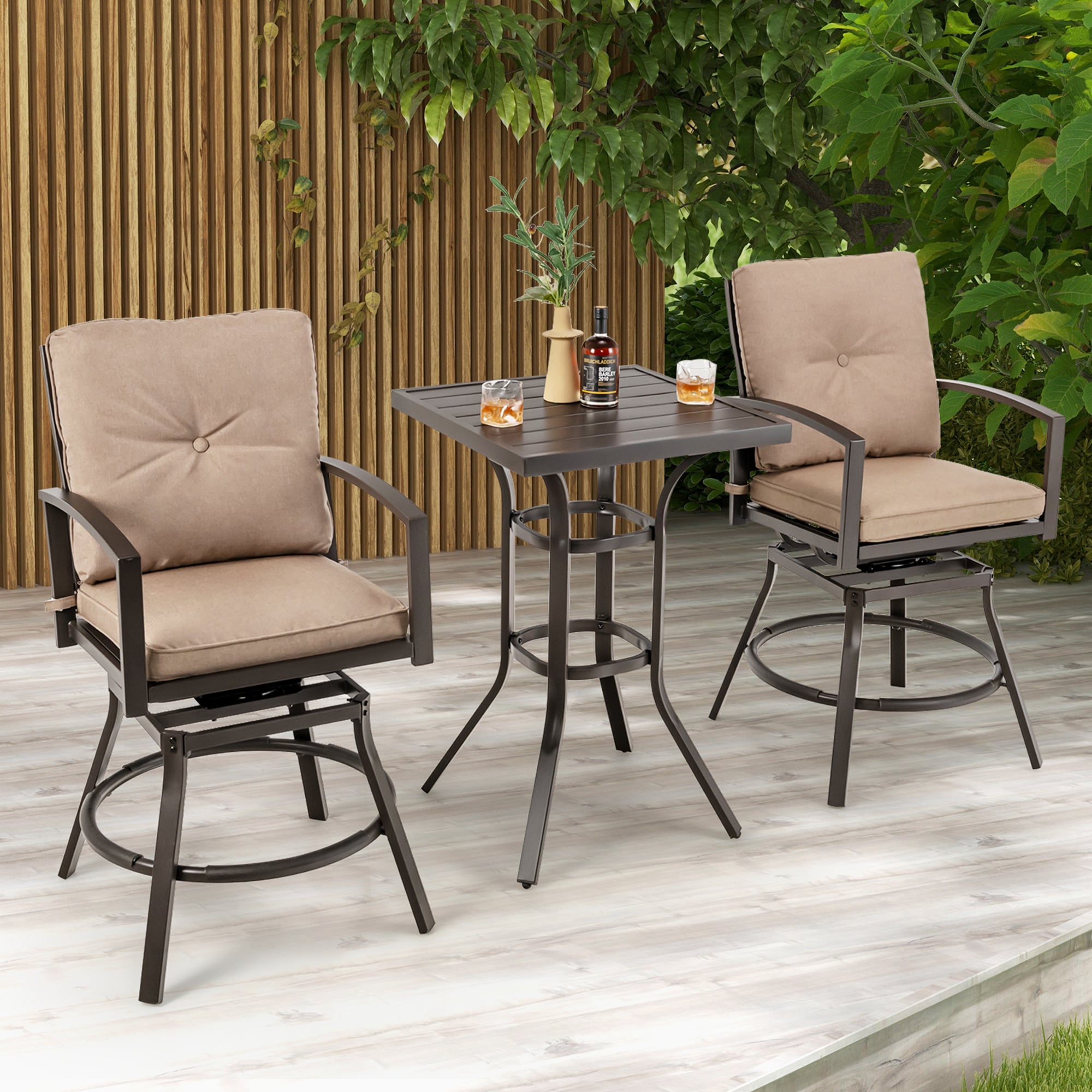 Goplus Gray Patio Bistro Set 3 Piece Outdoor Bar Set with Swivel