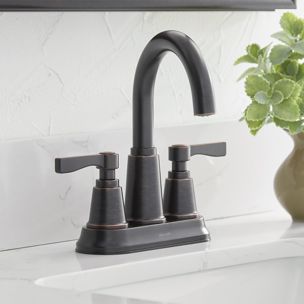 allen + roth 67130W-602707 Townley Oil rubbed bronze 4-in centerset 2-handle WaterSense High-arc Residential Handle Bathroom Sink Faucet with Drain with Deck Plate