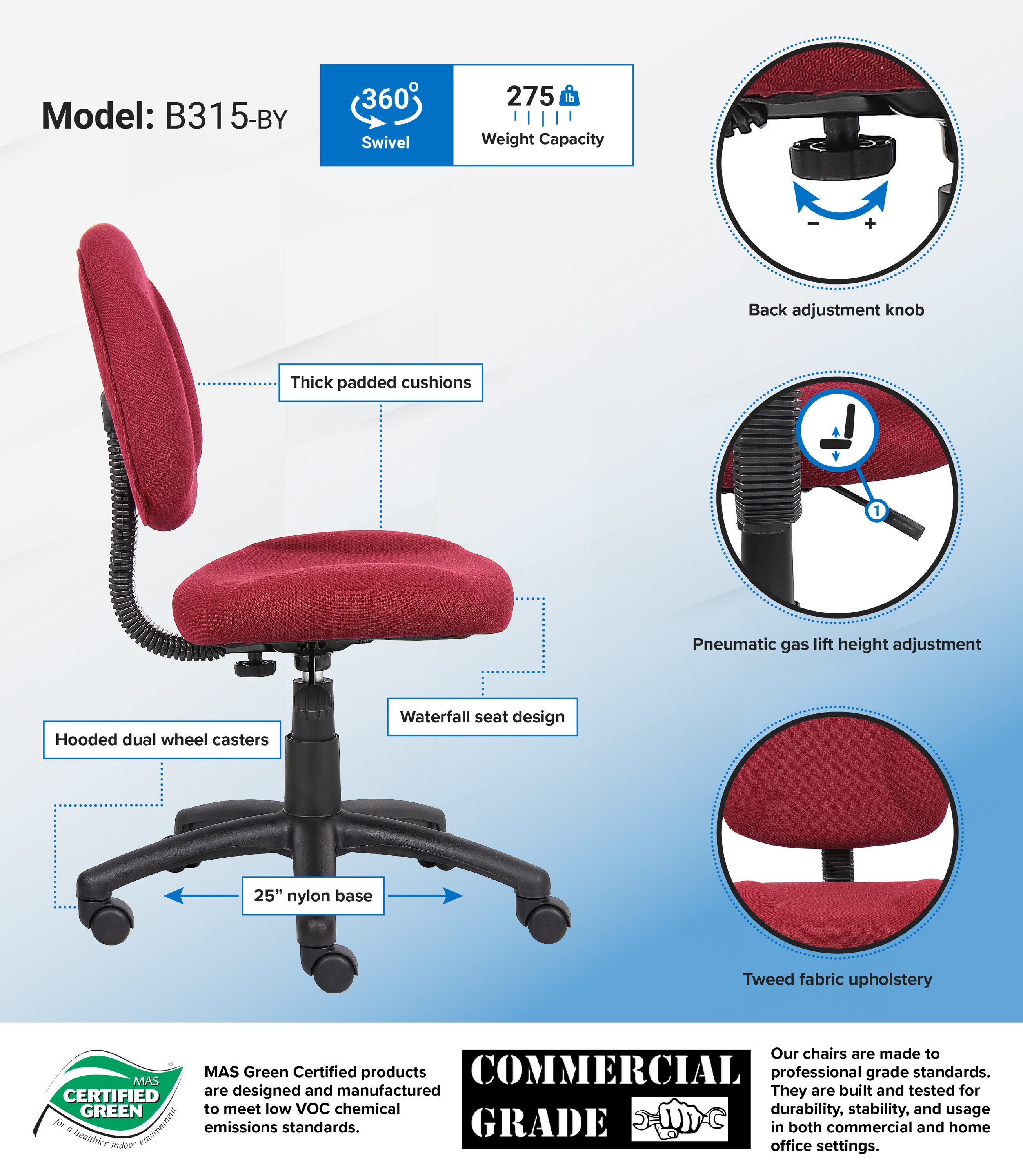 Burgundy Ergonomic Armless Fabric Office Chair