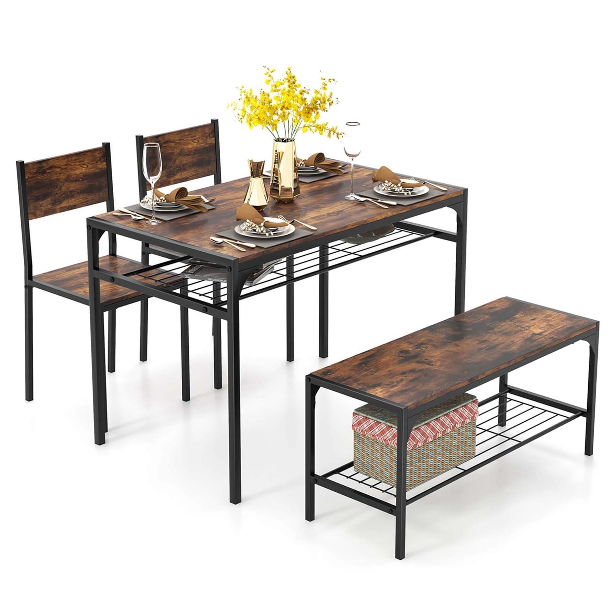 Costway HCST00655 Dining Table Set for 4 Rectangular Table with 2 Chairs 1 Bench Storage Racks Rustic Brown