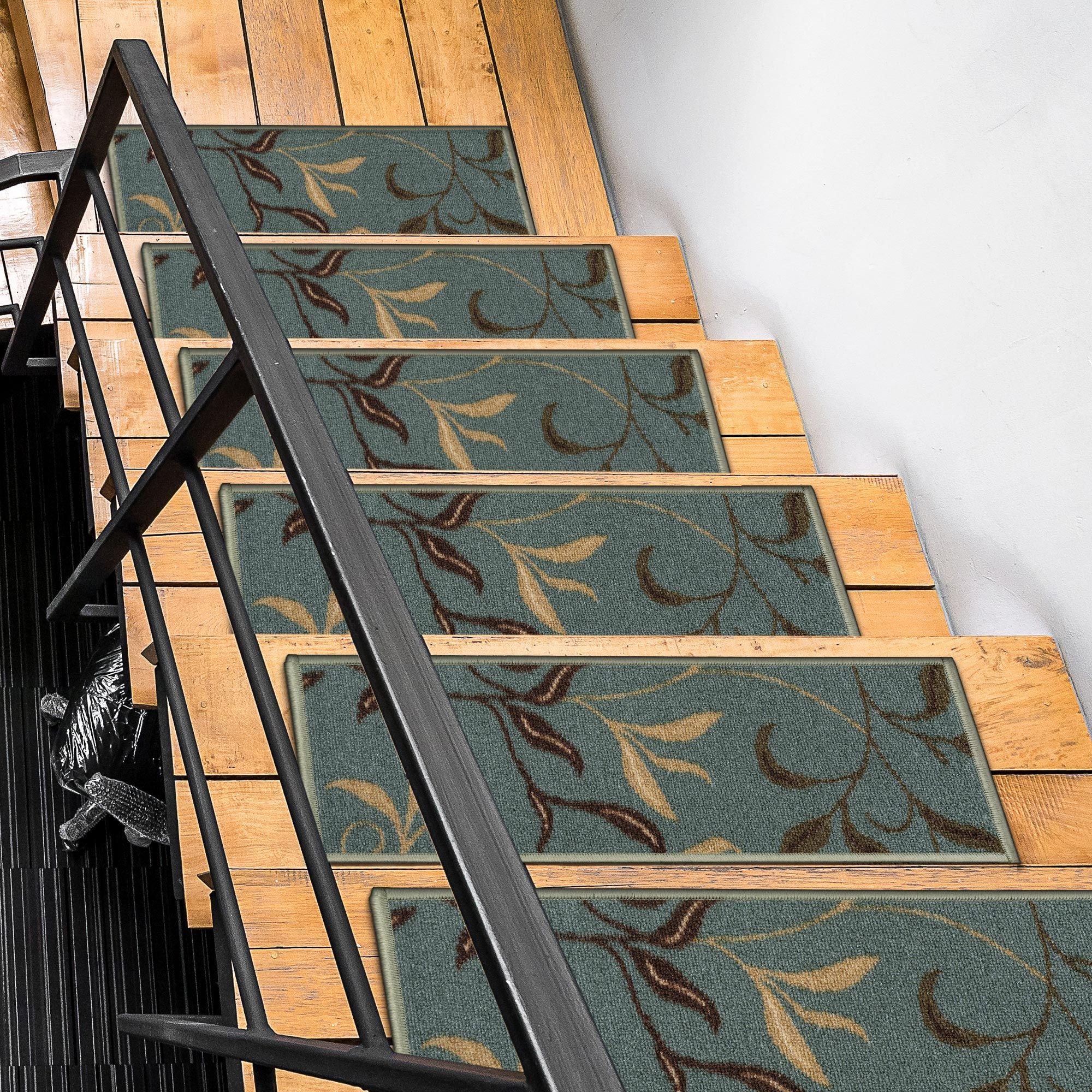 Ottomanson CLS3065-14 Non-Slip Stair Mat 14 Pack 1 x 2 (ft) Loomed Nylon Seafoam Green Rectangular Indoor Floral/Botanical Stair tread rug