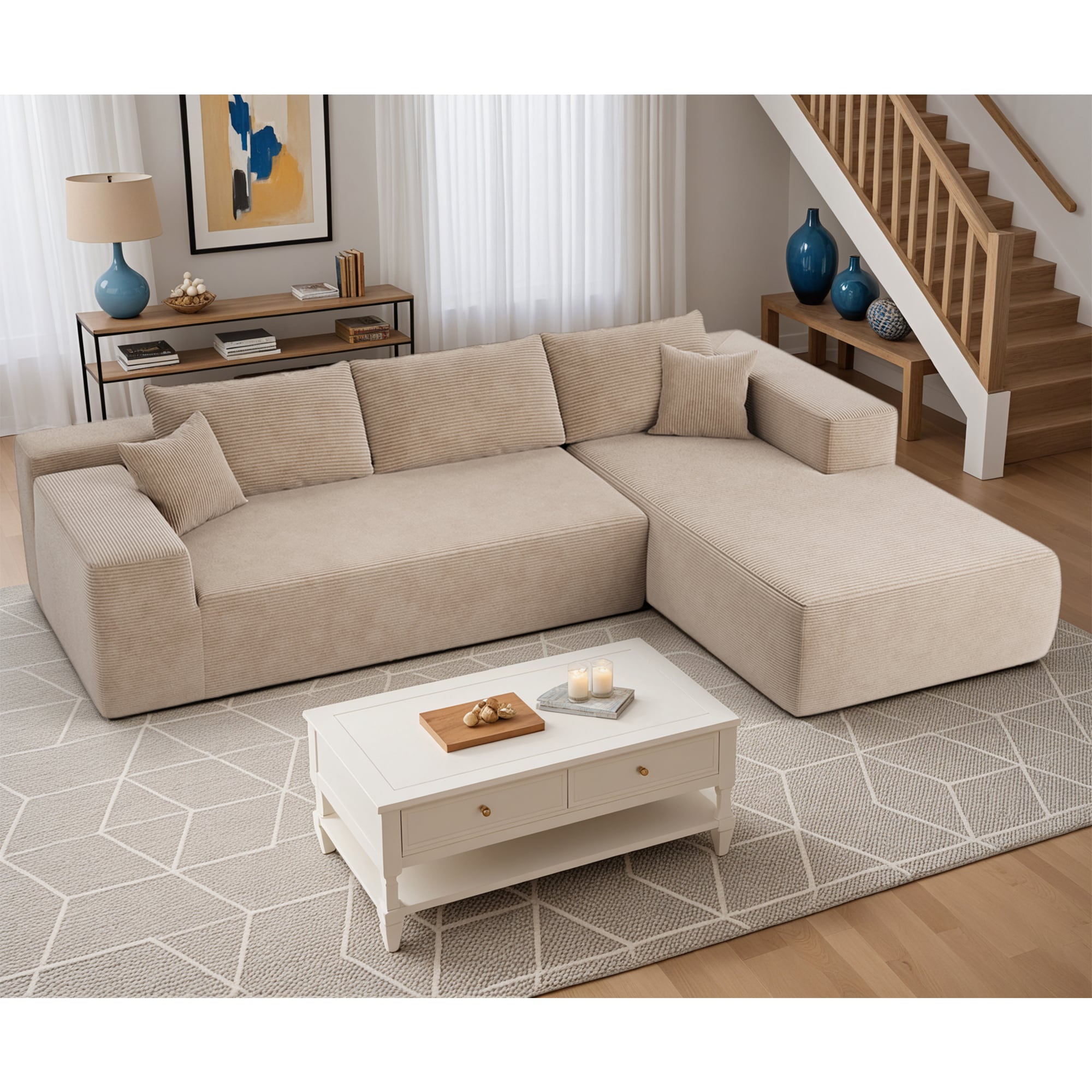 Pouuin SVI80R 104.3-in Modern Camel Corduroy 3 -seater Sectional