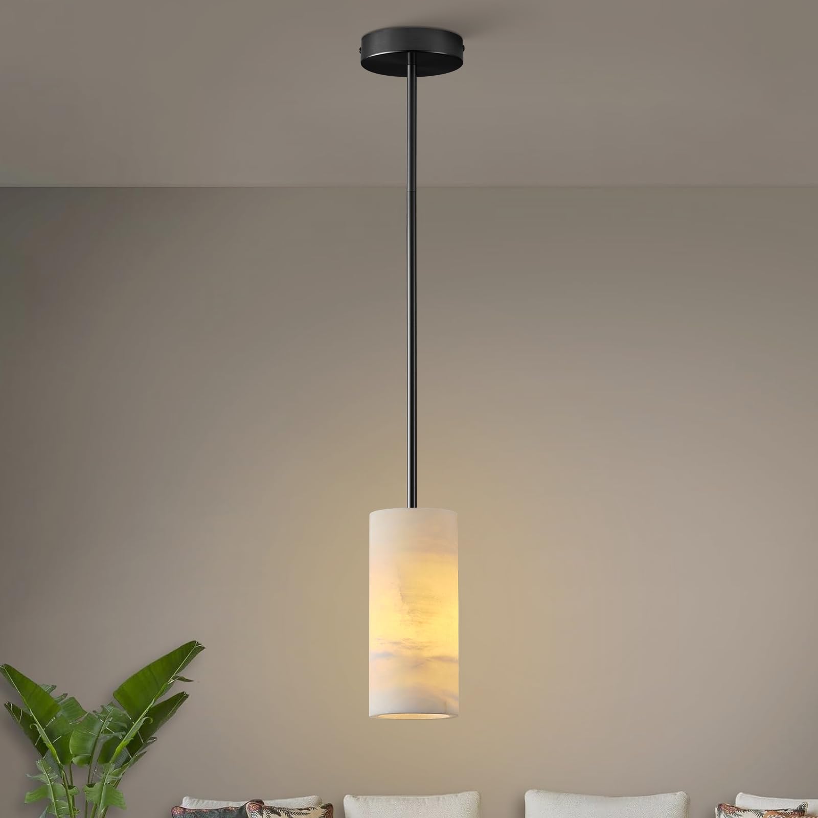 Gleam Flare Alabaster Pendant Light Kitchen Island H 9.5in Black Pendant Light Fixtures with Natural Marble Shade Adjustable Ceiling Pendant for Dining Room Living Room Bedroom  Bathroom